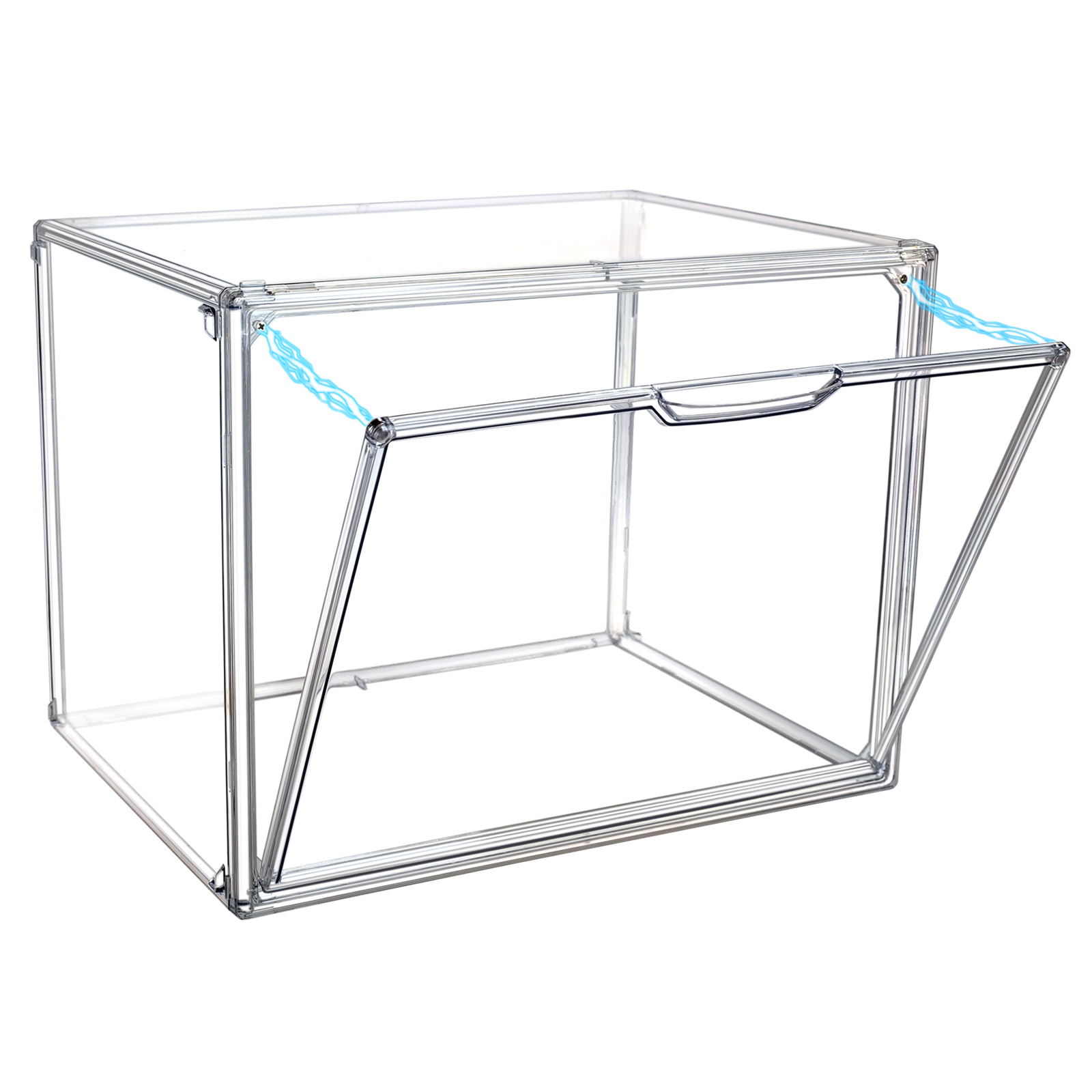 Transparente Aufbewahrungsbox mit offenem Deckel und Griff. Weißer Hintergrund, schräge Ansicht.