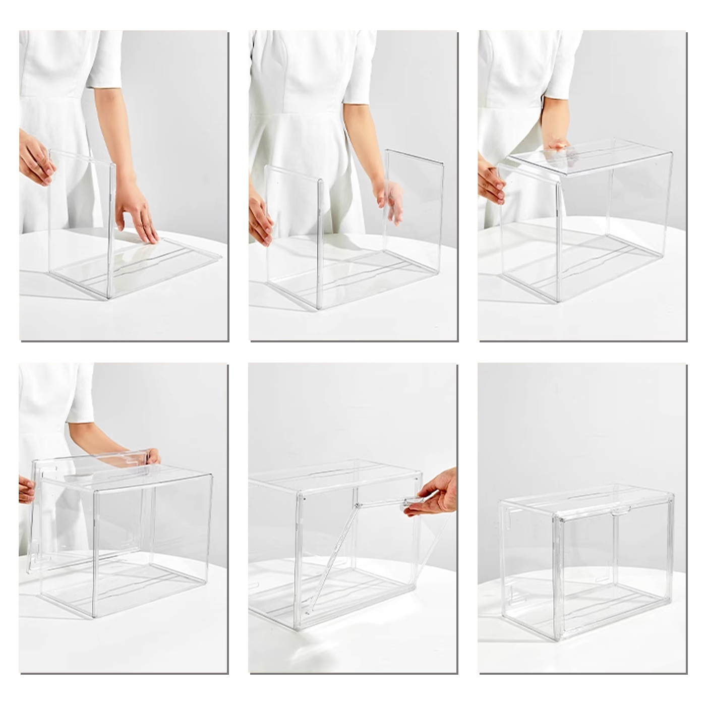 Eine Person, die eine transparente Box mit weißer Oberfläche zusammenbaut.