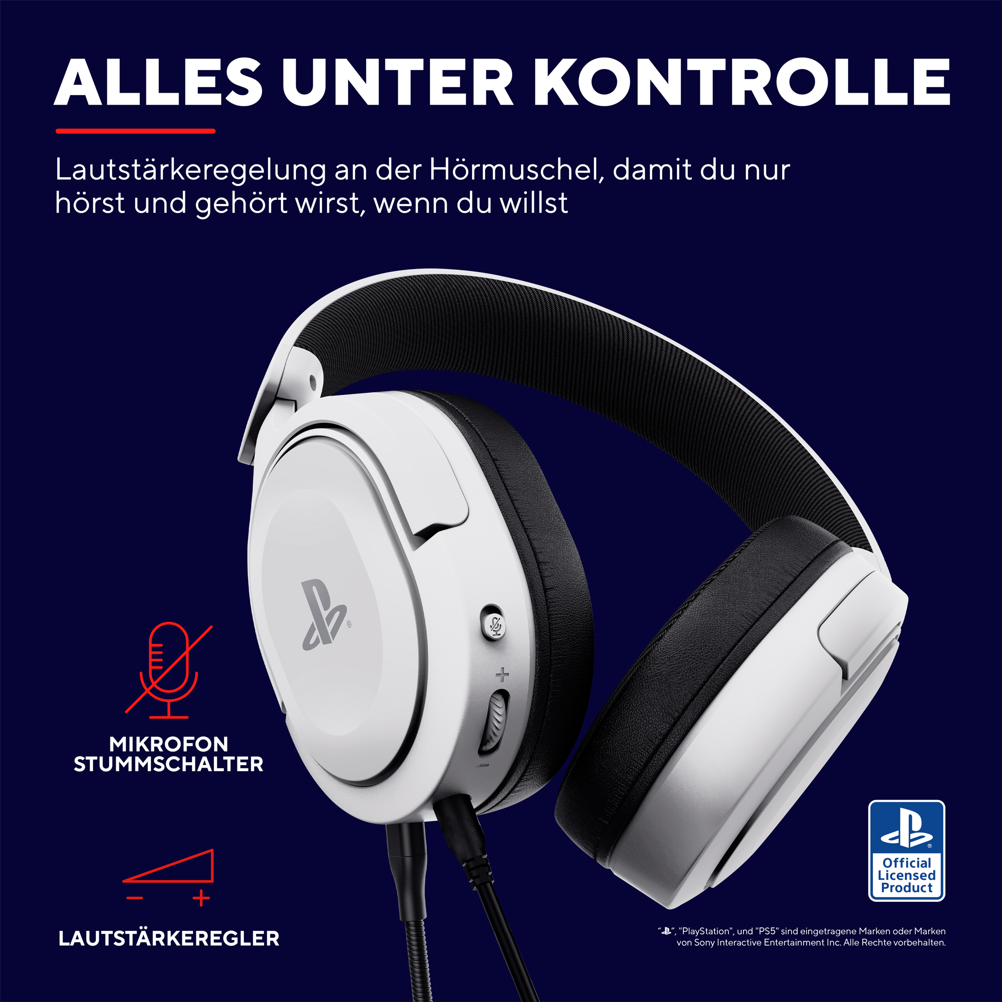 Casque de jeu blanc et noir avec microphone et commandes de volume. Texte en allemand présent.