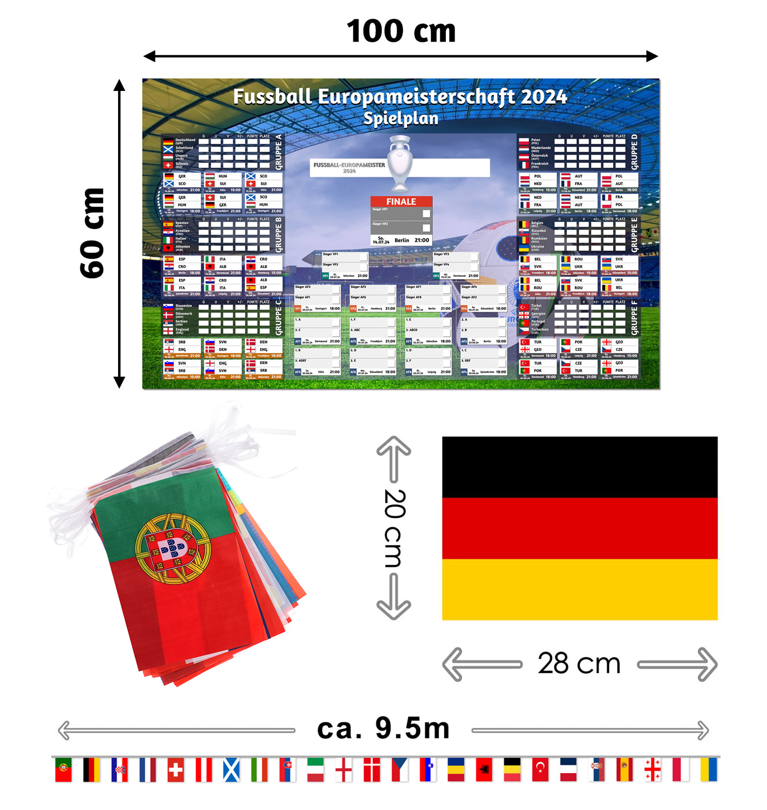 Ein Banner mit Text und Flaggen, einschließlich einer deutschen Flagge und einer Fußballfeld-Illustration.
