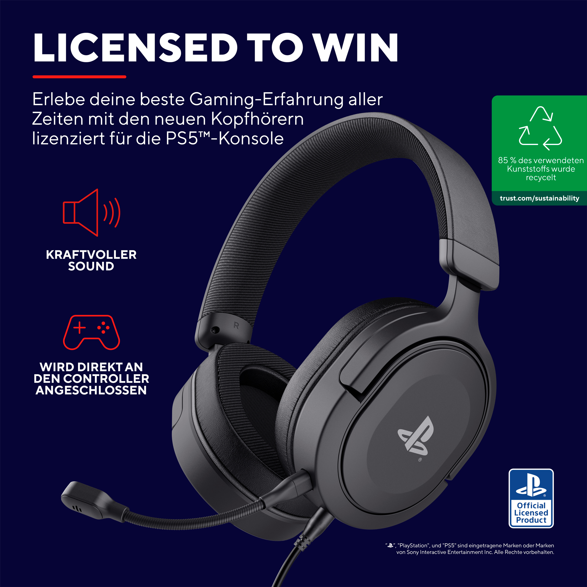 Casque noir avec micro, faisant partie d'un pack console de jeu, avec texte et icônes.