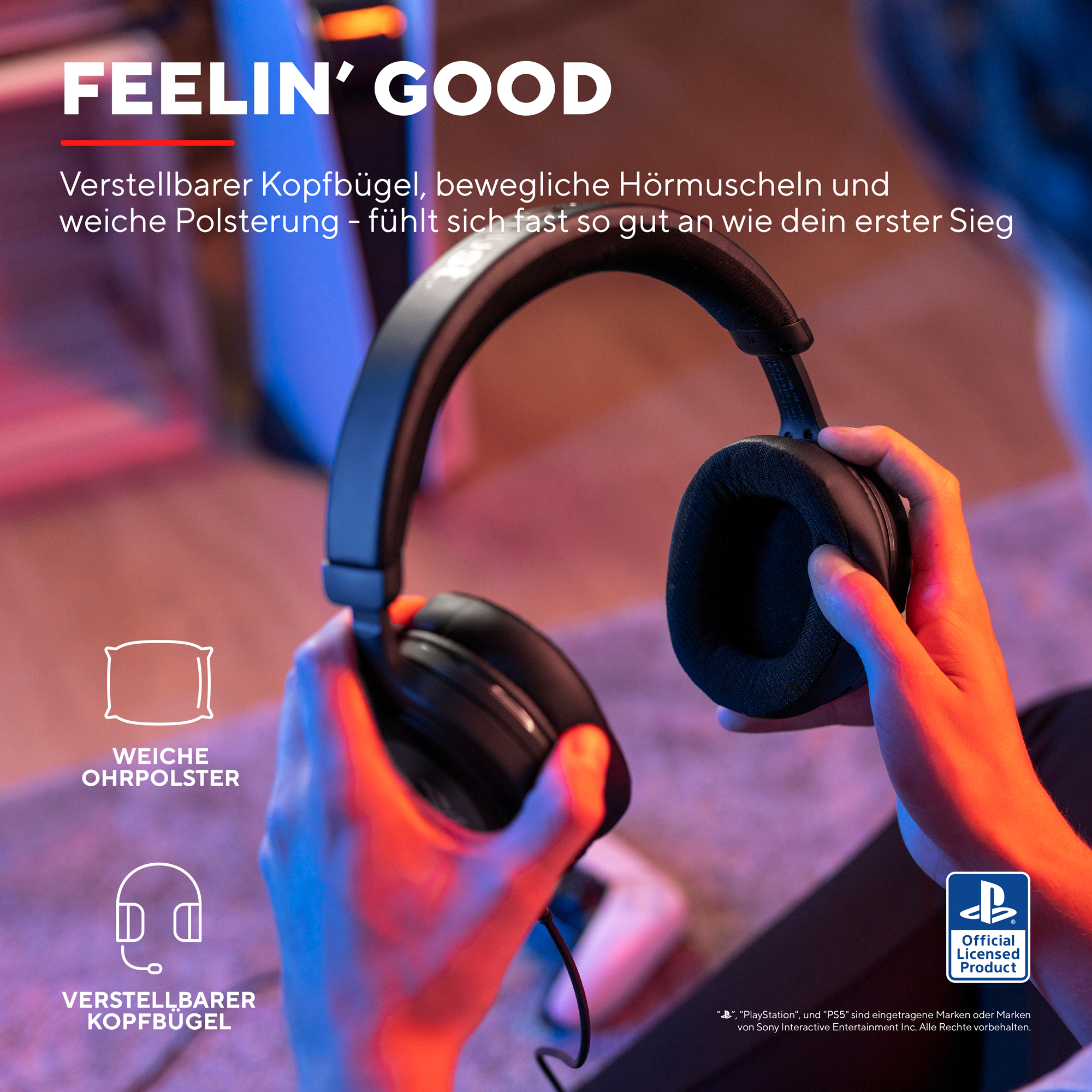 Casque audio dans les mains d'une personne. Coussinets doux et arceau réglable. Texte : Feelin' Good.