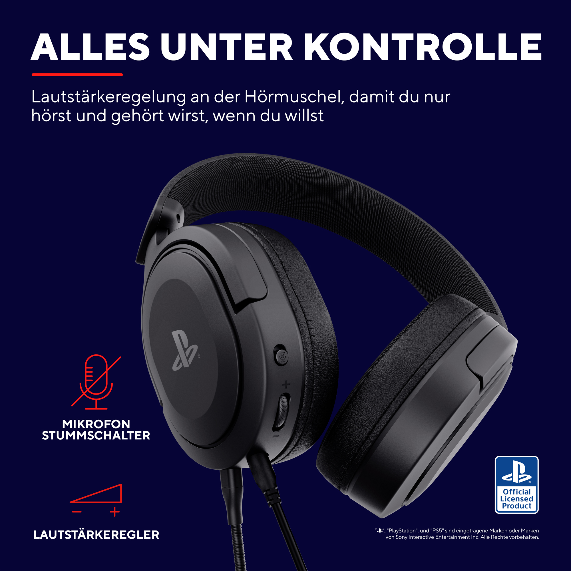 Casque de jeu noir avec microphone et commandes de volume, texte en allemand.