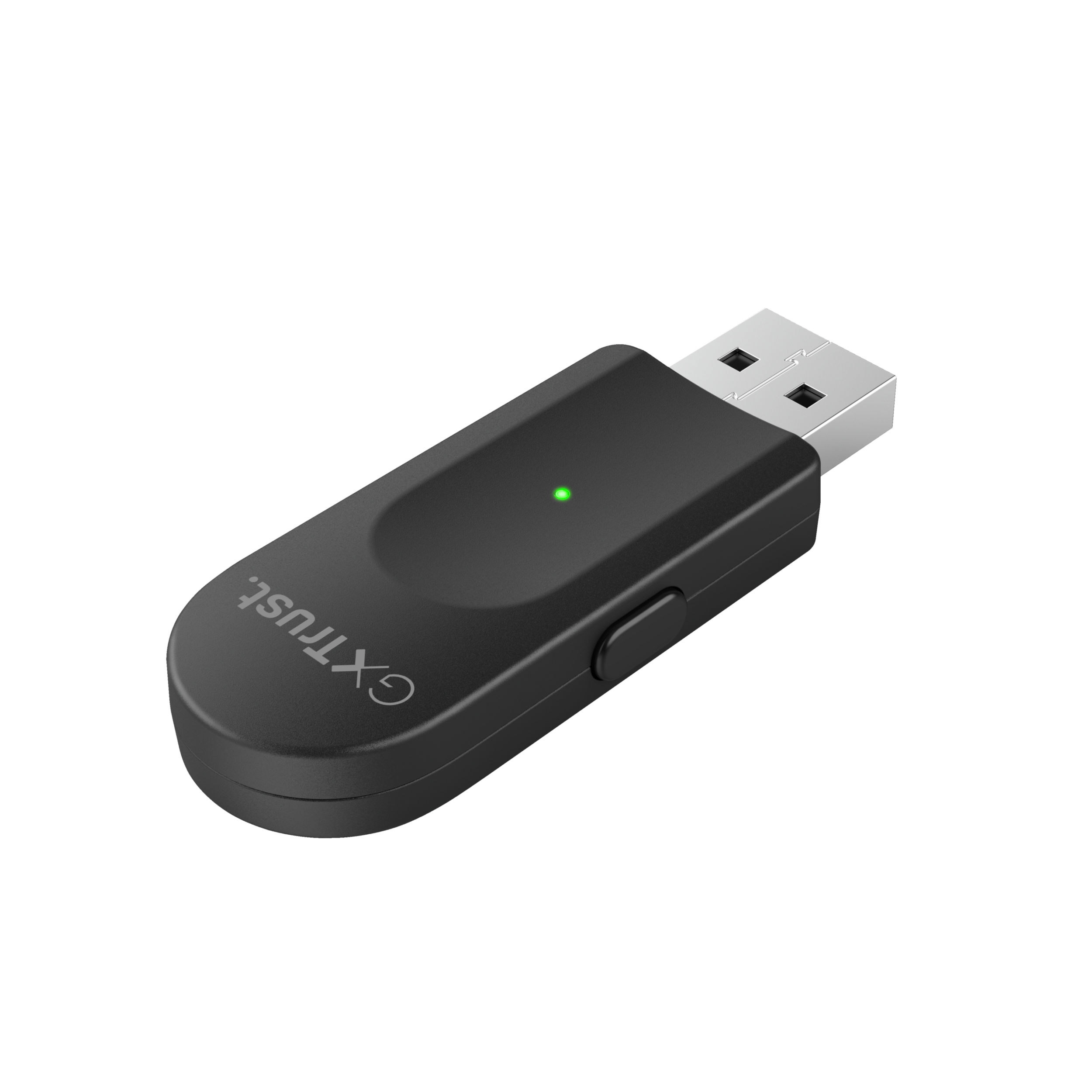 Schwarzer USB-Adapter mit grünem Licht. Er hat einen USB-Anschluss und das Logo "GXTtrust".