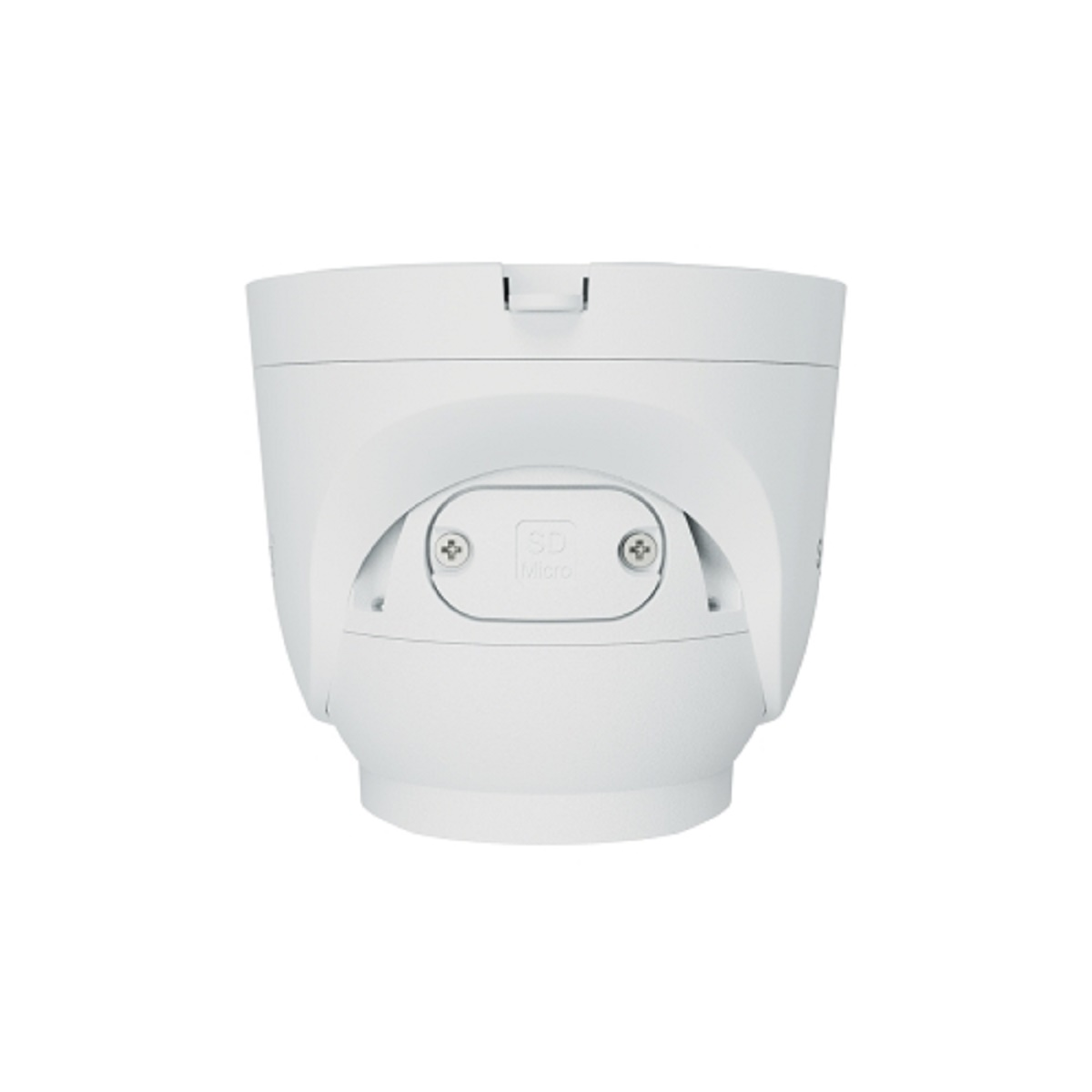 Biała kamera bezpieczeństwa, zaokrąglony kształt, z czarnym gniazdem SD, na białym tle.