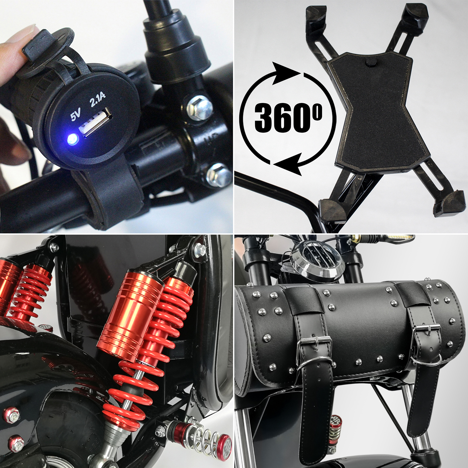 Motorradteile einschließlich USB-Anschluss, Telefonhalter und Federungssystem.