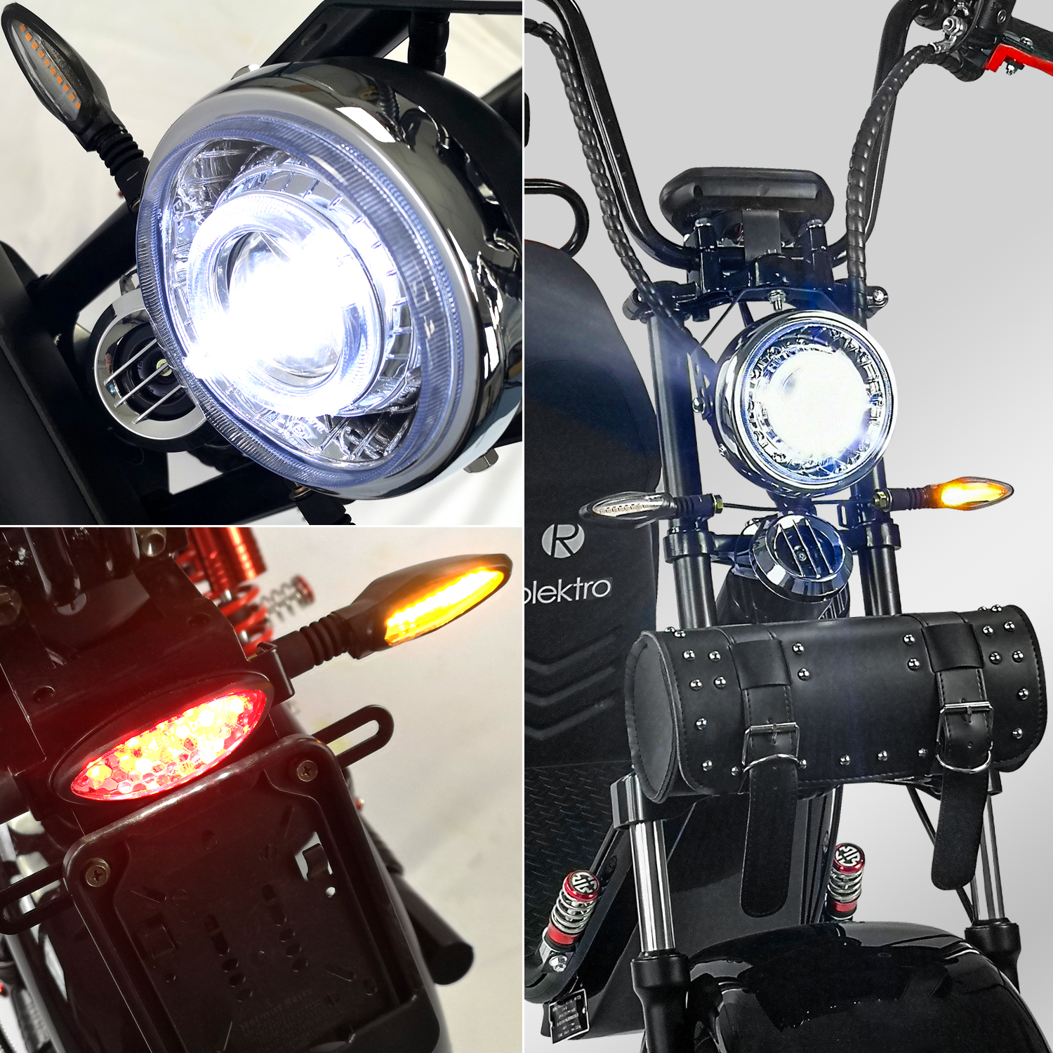 Motorradteile: Scheinwerfer, Blinker und Rücklicht. Ein verchromter Scheinwerfer ist prominent.