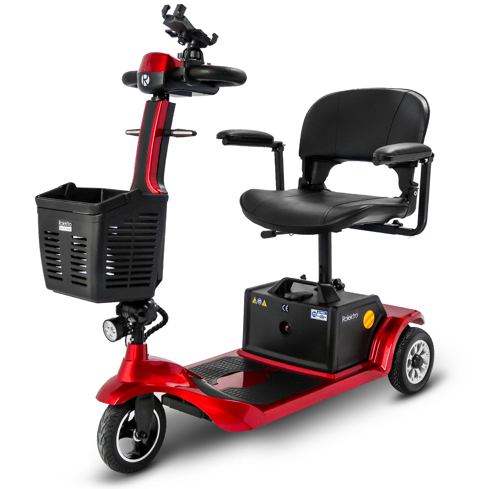 Roter Rektro Mobilitätsroller mit schwarzem Sitz und Korb. Drei Räder.