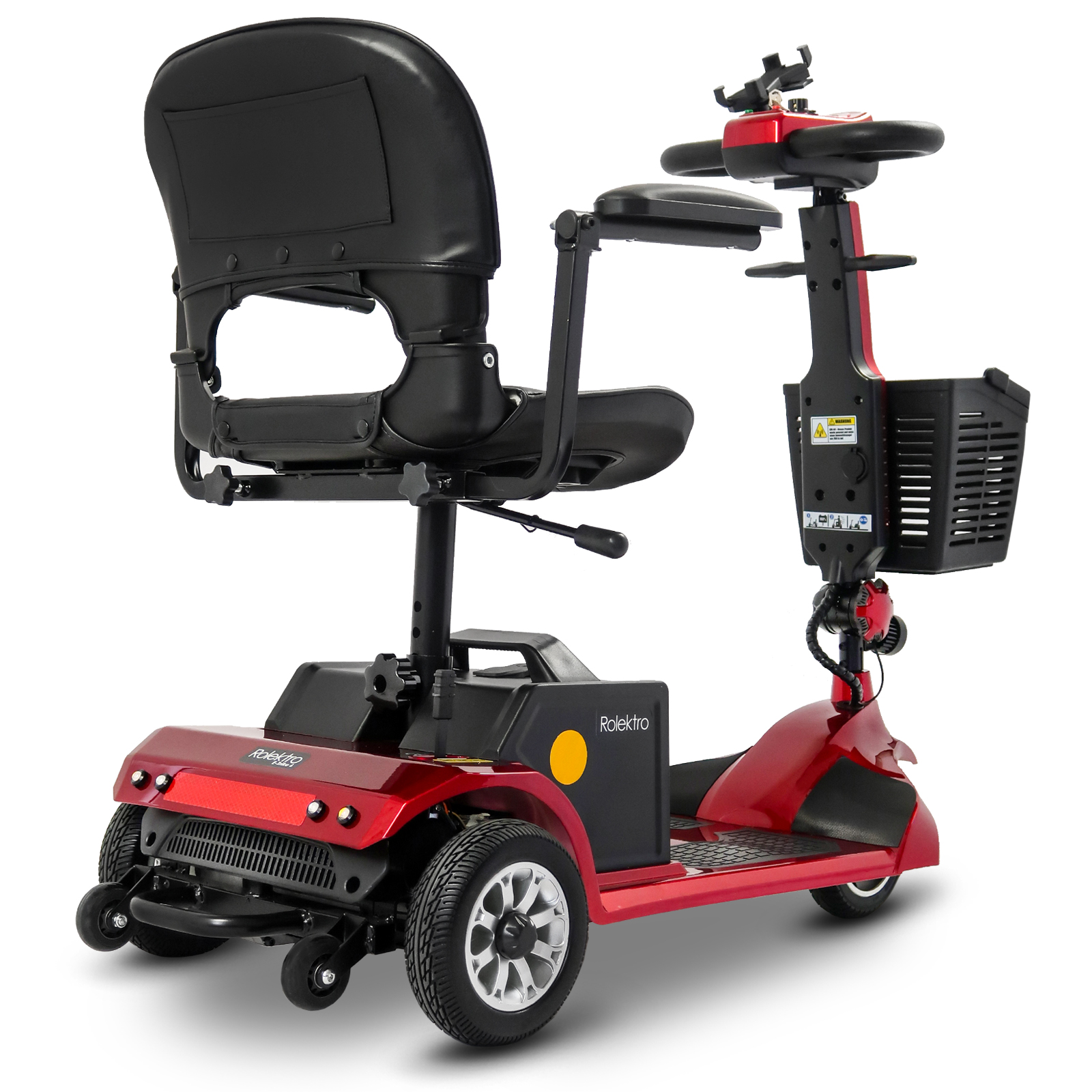 Roter und schwarzer Mobilitätsroller. Schwarzer Sitz und Korb. Gelbes Kreissymbol an der Seite.