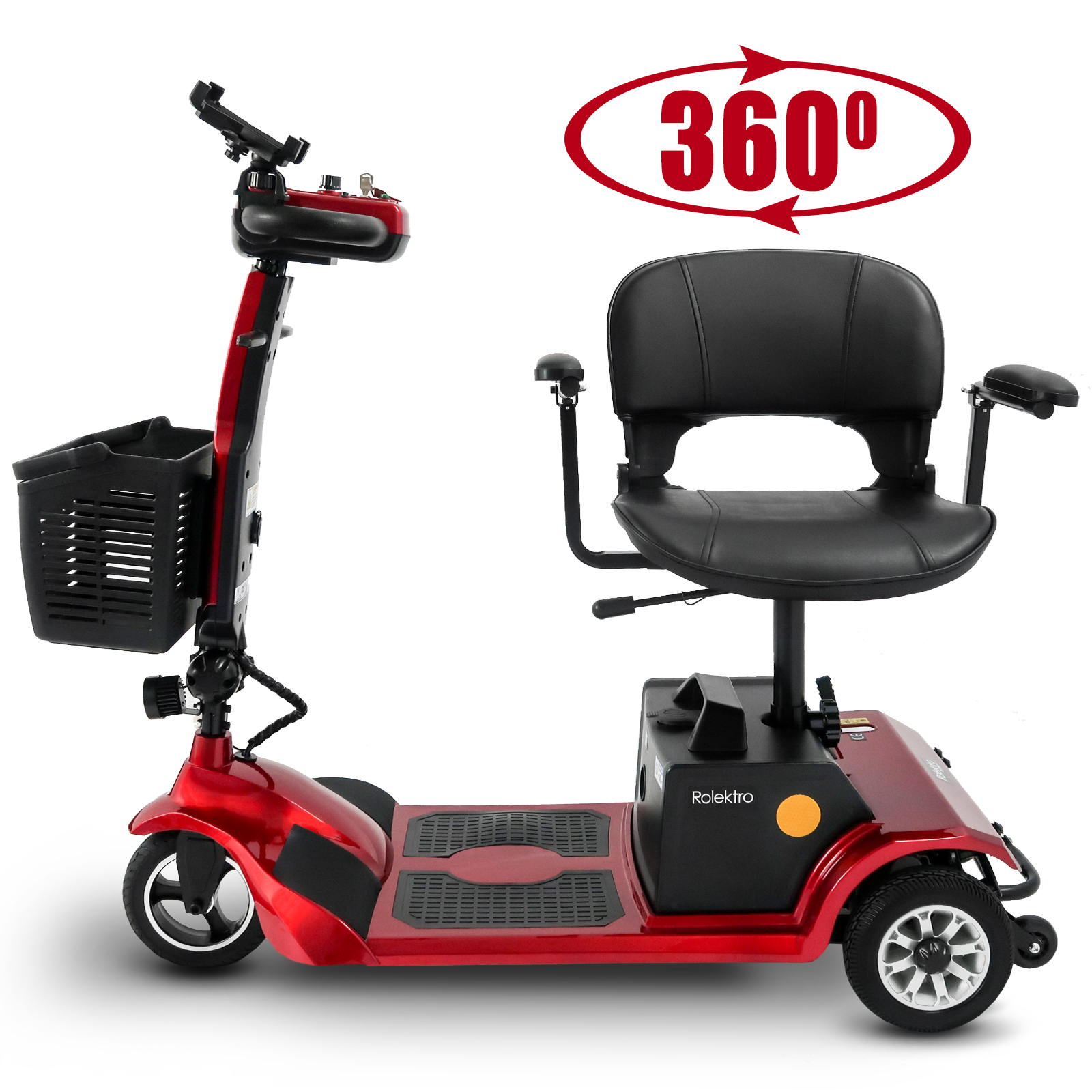Roter Mobilitätsroller mit schwarzem Sitz und Korb. Es hat ein 360-Grad-Dreh-Label.