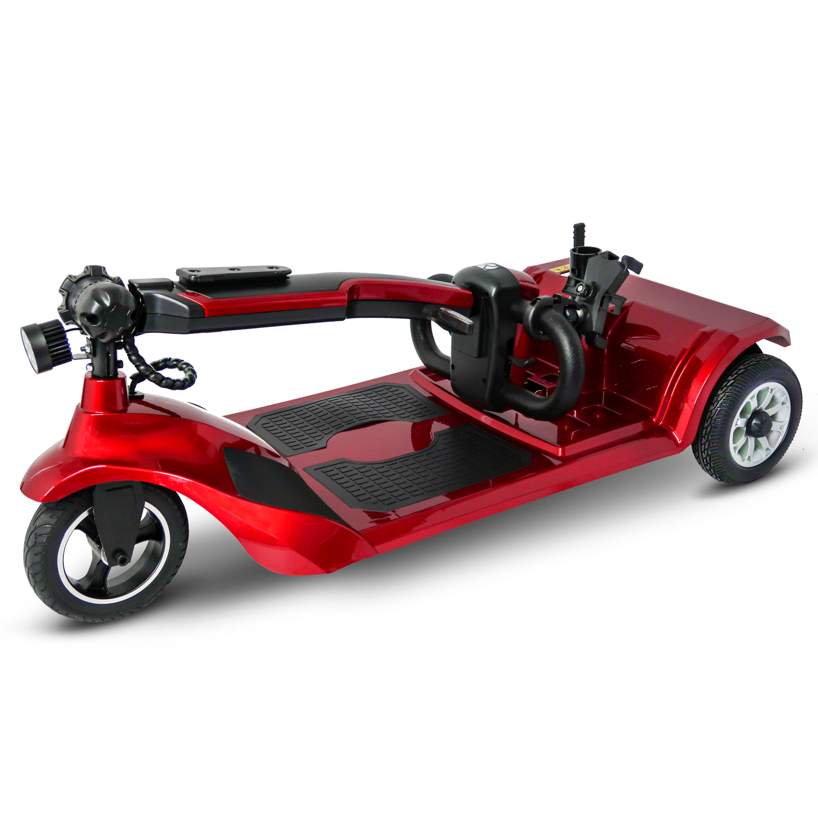 Roter dreirädriger Mobilitätsroller mit schwarzem Sitz und Bedienelementen.