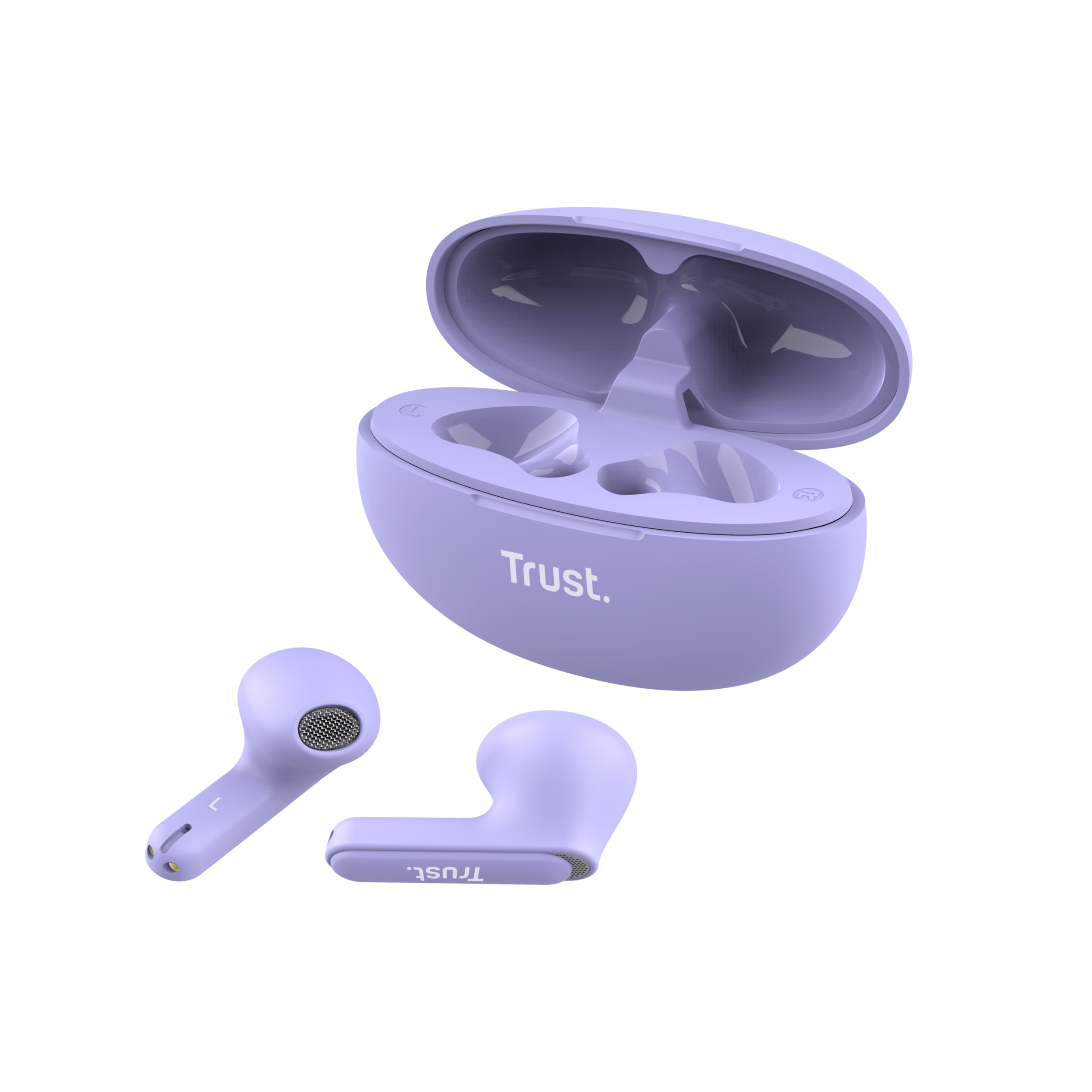 Para fioletowych słuchawek Trust i ich otwarte etui ładujące na czarnym tle.