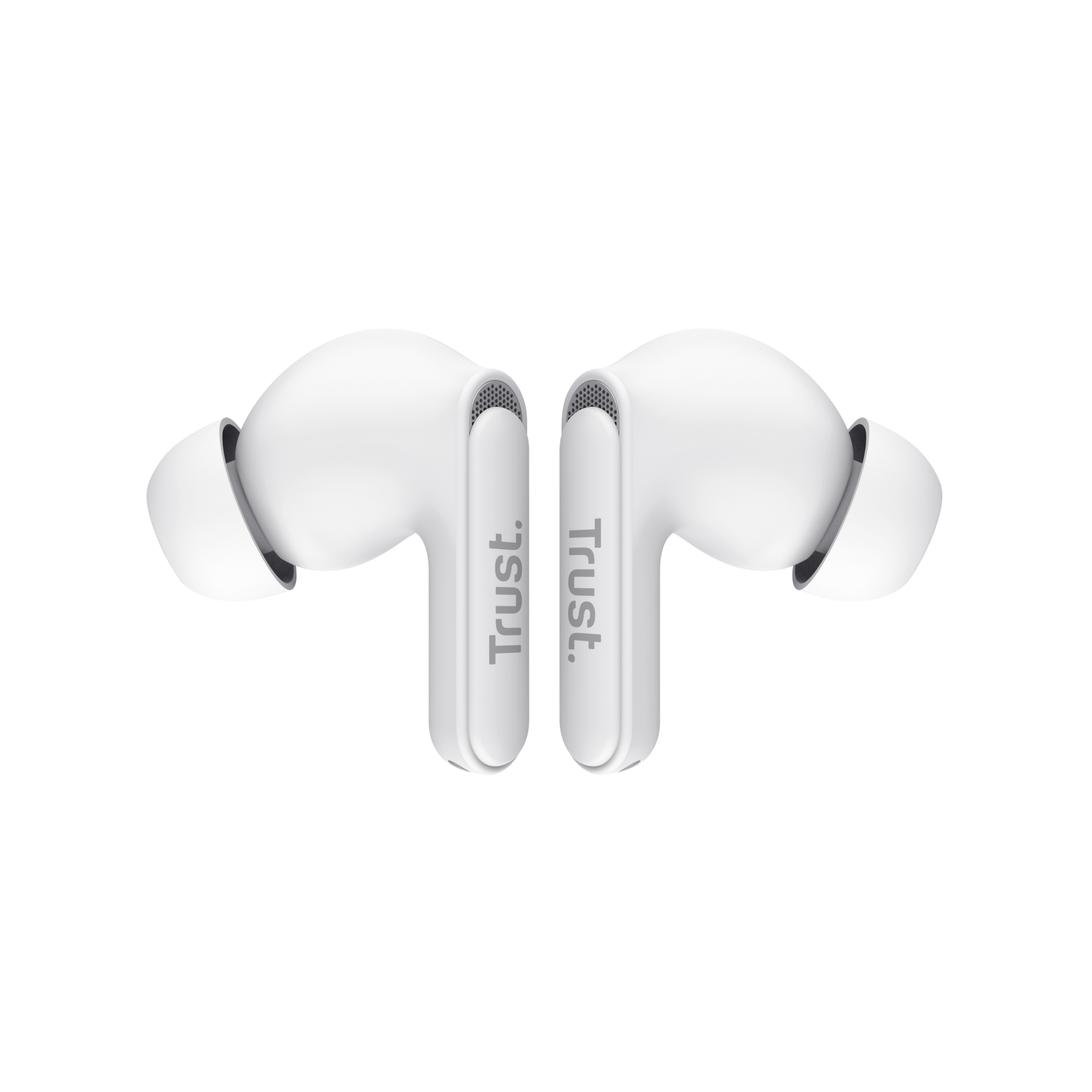 Białe bezprzewodowe słuchawki, z nadrukiem 'Trust'. Czarne tło.