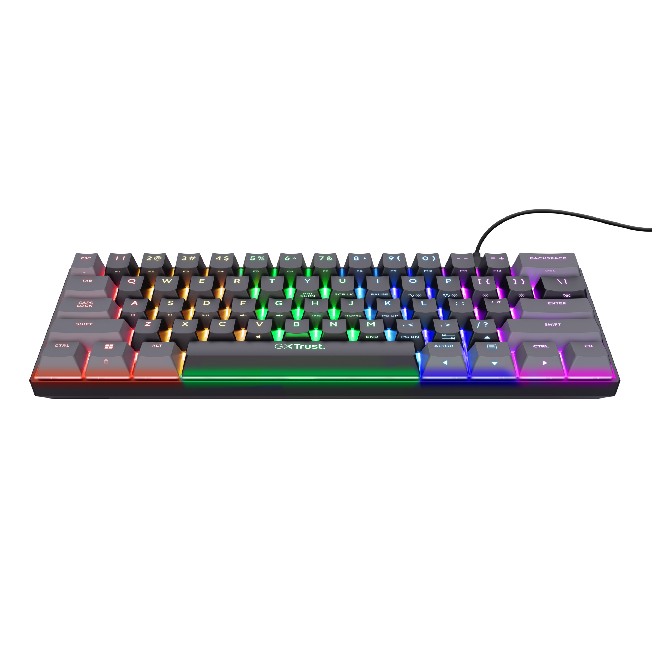 Czarna klawiatura do gier z kolorowymi podświetlanymi klawiszami. Marka to GXTrust.