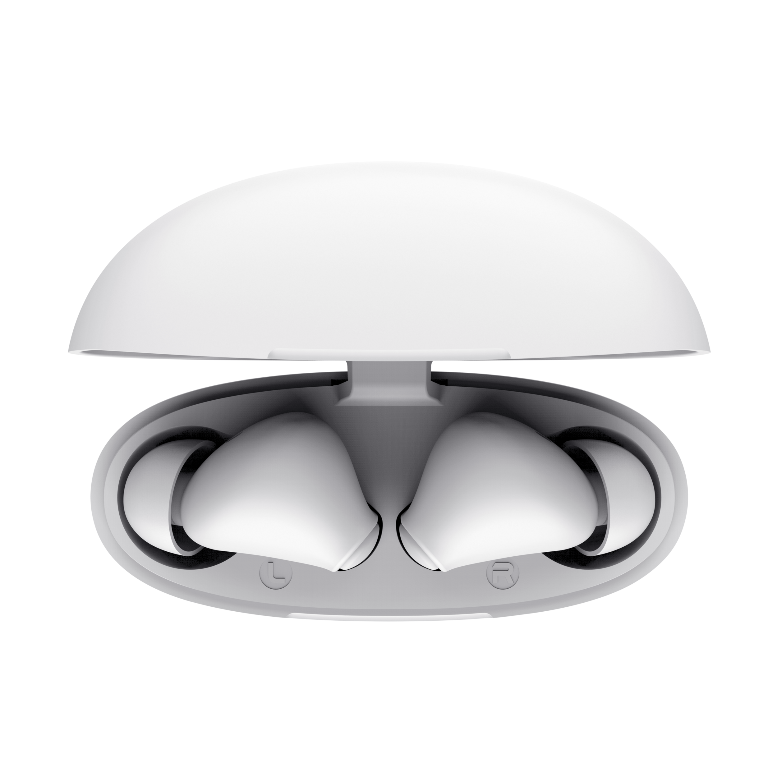 Białe słuchawki douszne w etui ładującym, otwarte, na czarnym tle.