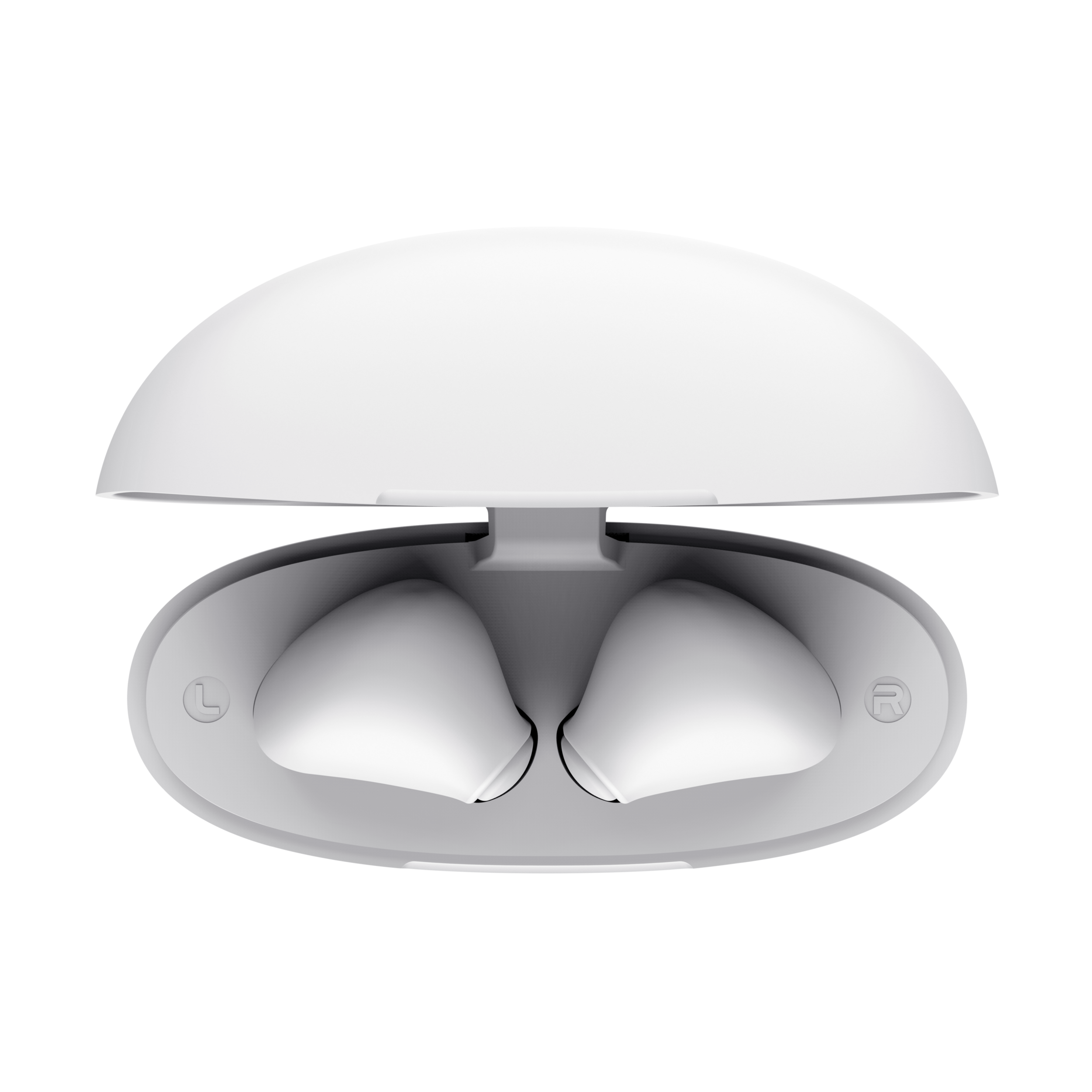 Białe etui na słuchawki, otwarte, pokazujące dwie słuchawki w środku, oznaczenia lewo i prawo.