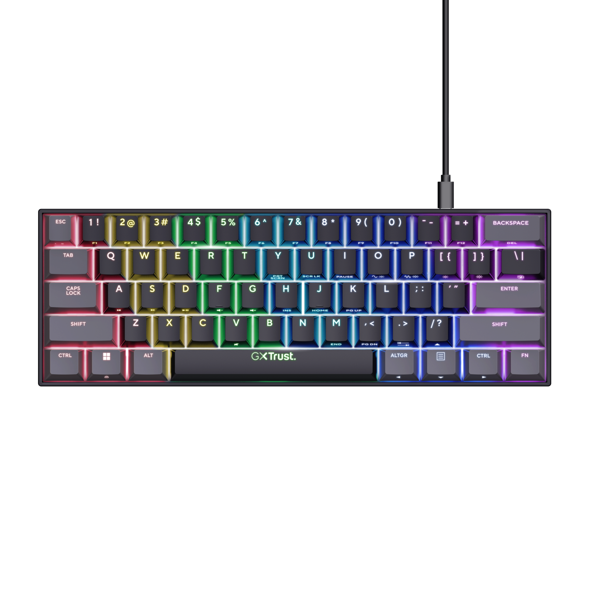 Podświetlana tęczowo, kompaktowa klawiatura z czarnymi klawiszami i szarą ramką.