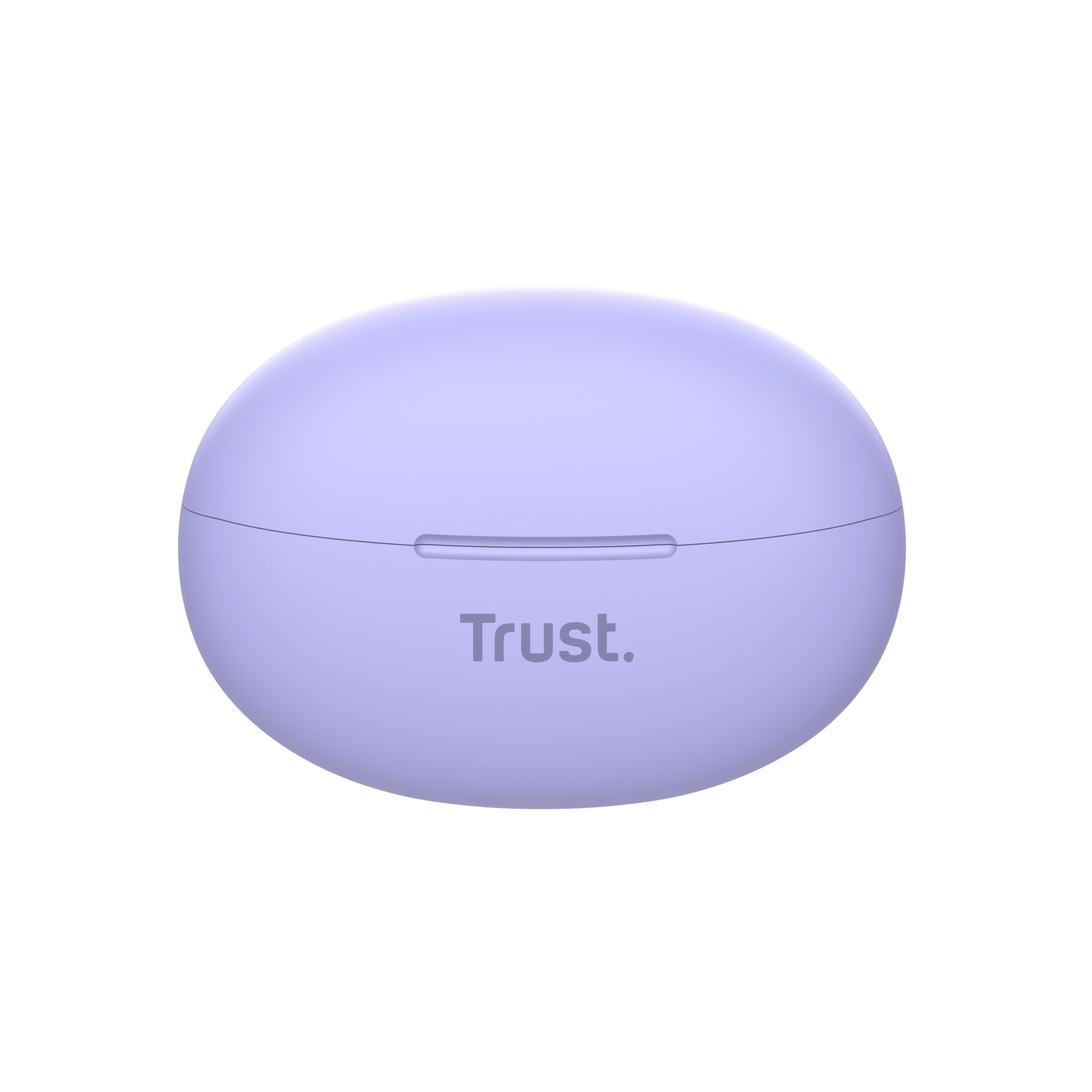 Jasnofioletowe, owalne etui na słuchawki z napisem 'Trust'.