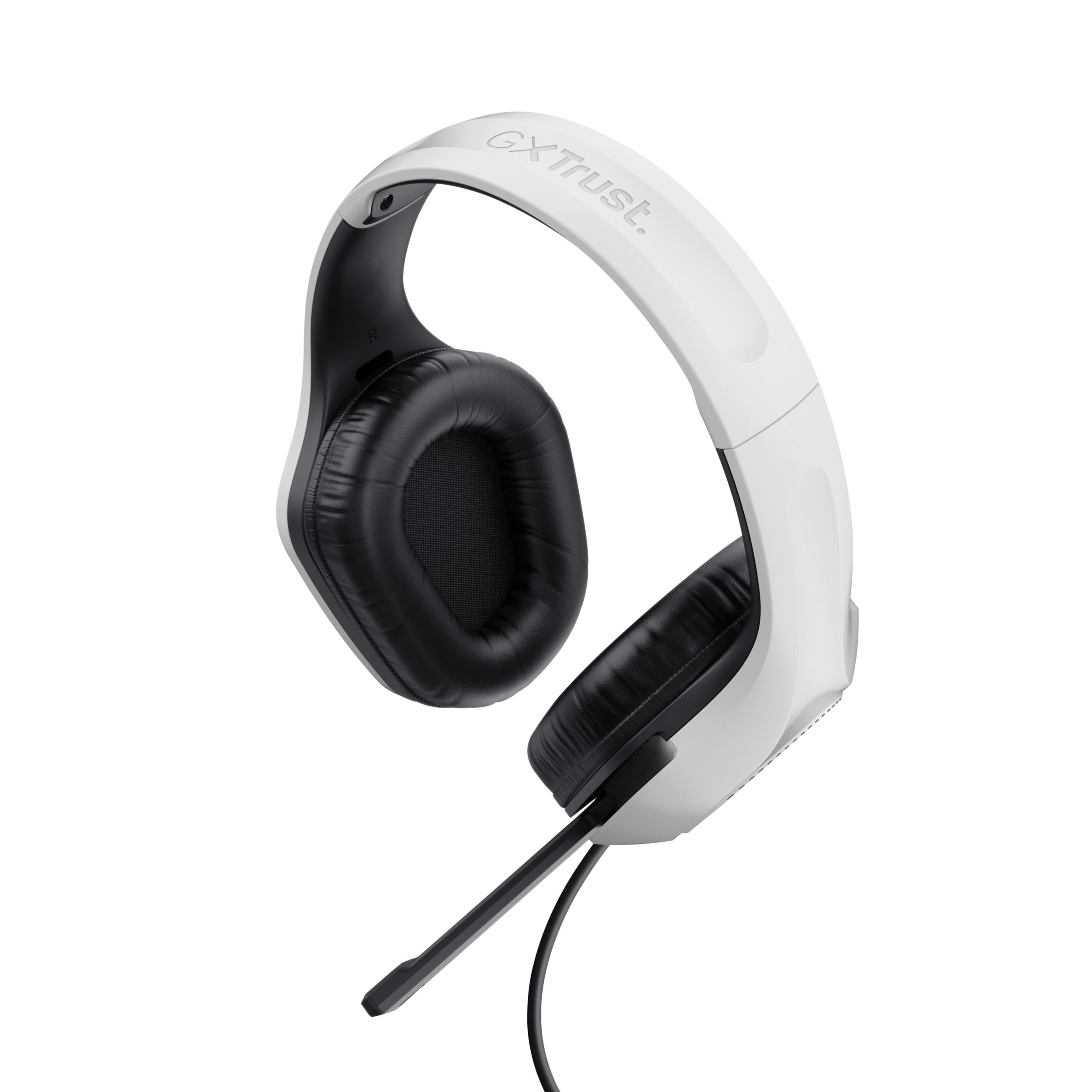 Biało-czarny zestaw słuchawkowy dla graczy z mikrofonem, czarne tło, kąt do prawej.