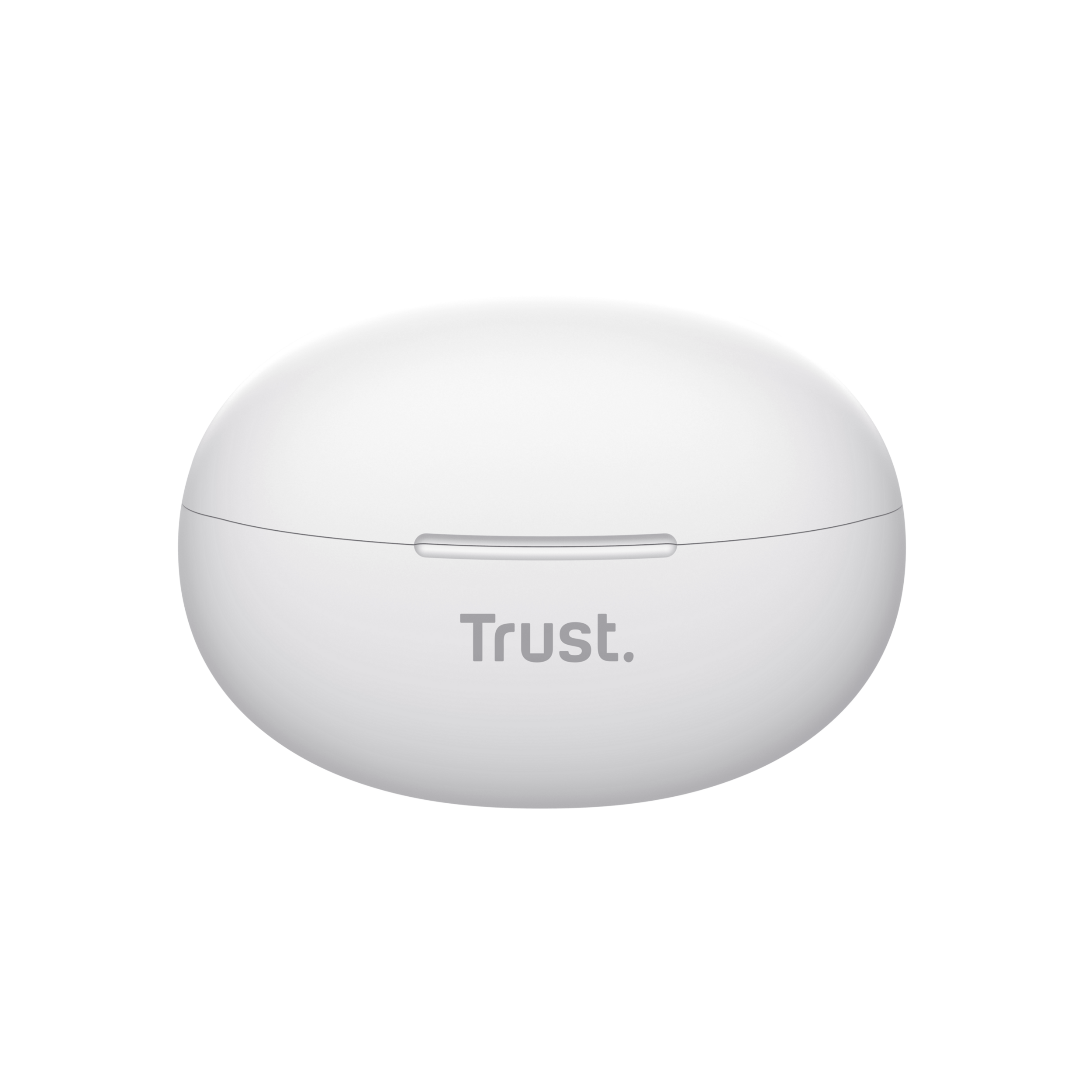 Białe, owalne etui ze słowem 'Trust' pośrodku.