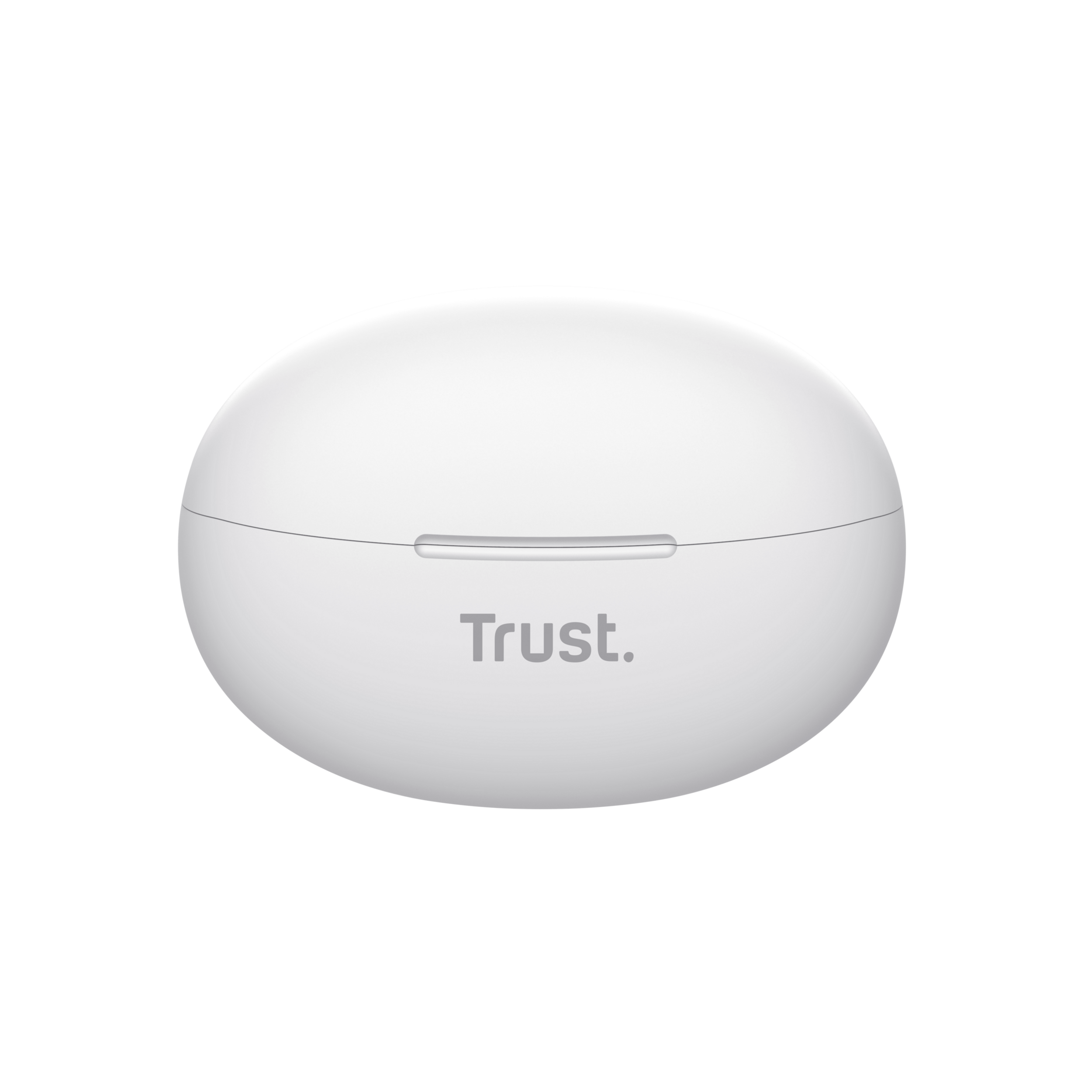 Białe, owalne etui ładujące do słuchawek z nadrukiem 'Trust.'.