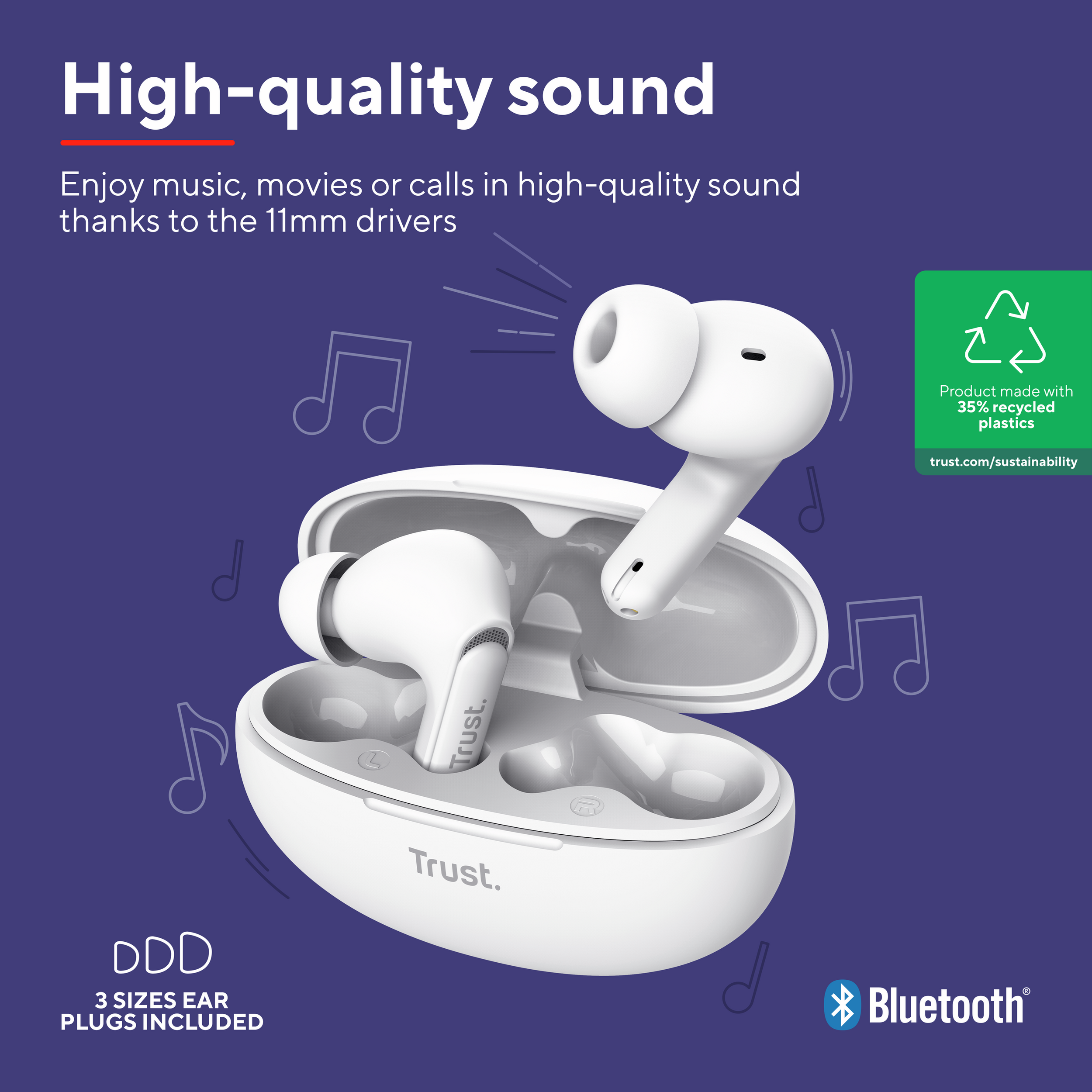 Białe bezprzewodowe słuchawki douszne w białym etui, z nutami na niebieskim tle.