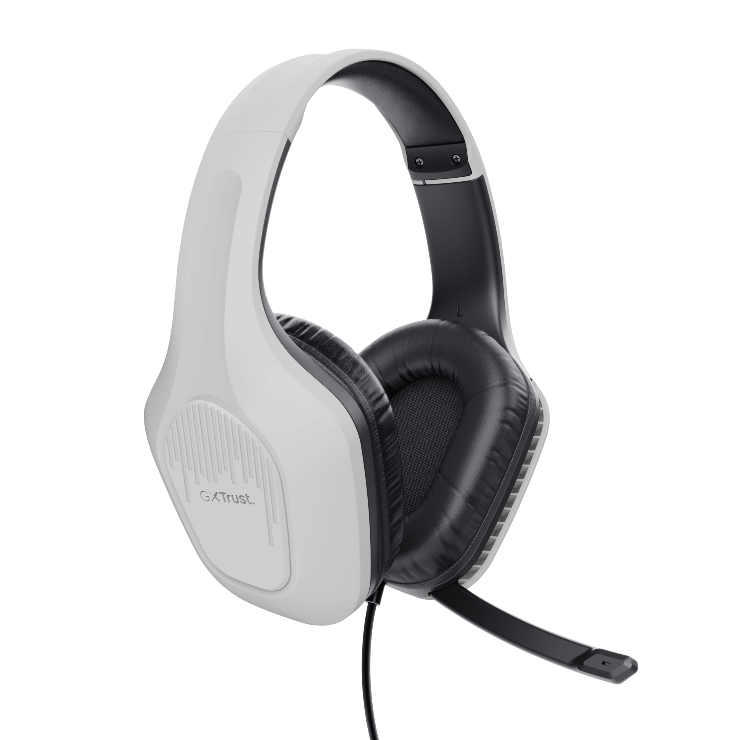 Biało-czarny zestaw słuchawkowy dla graczy. Z mikrofonem, na ciemnym tle.