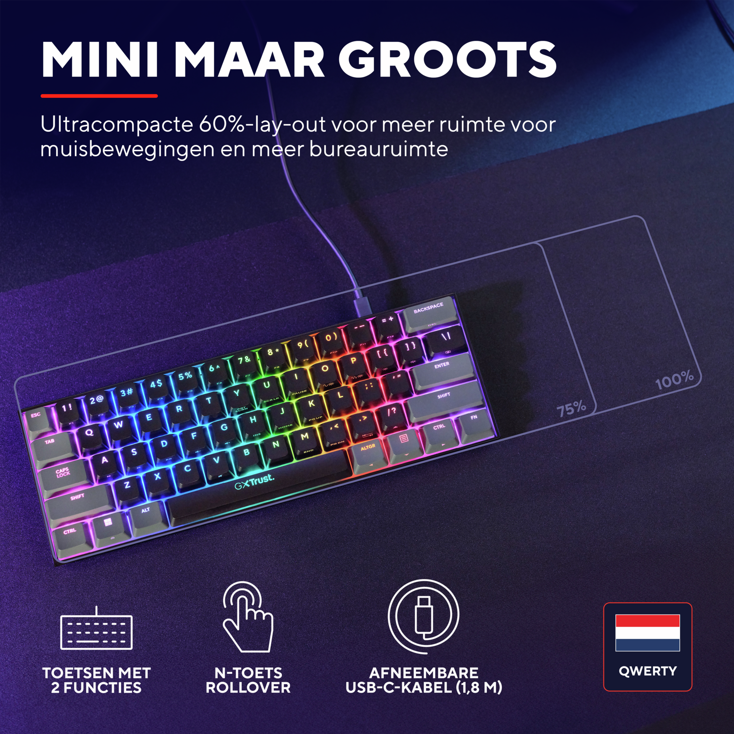 Mała, kolorowa klawiatura z klawiszami funkcyjnymi. Ma podkładkę pod mysz i kabel USB-C.