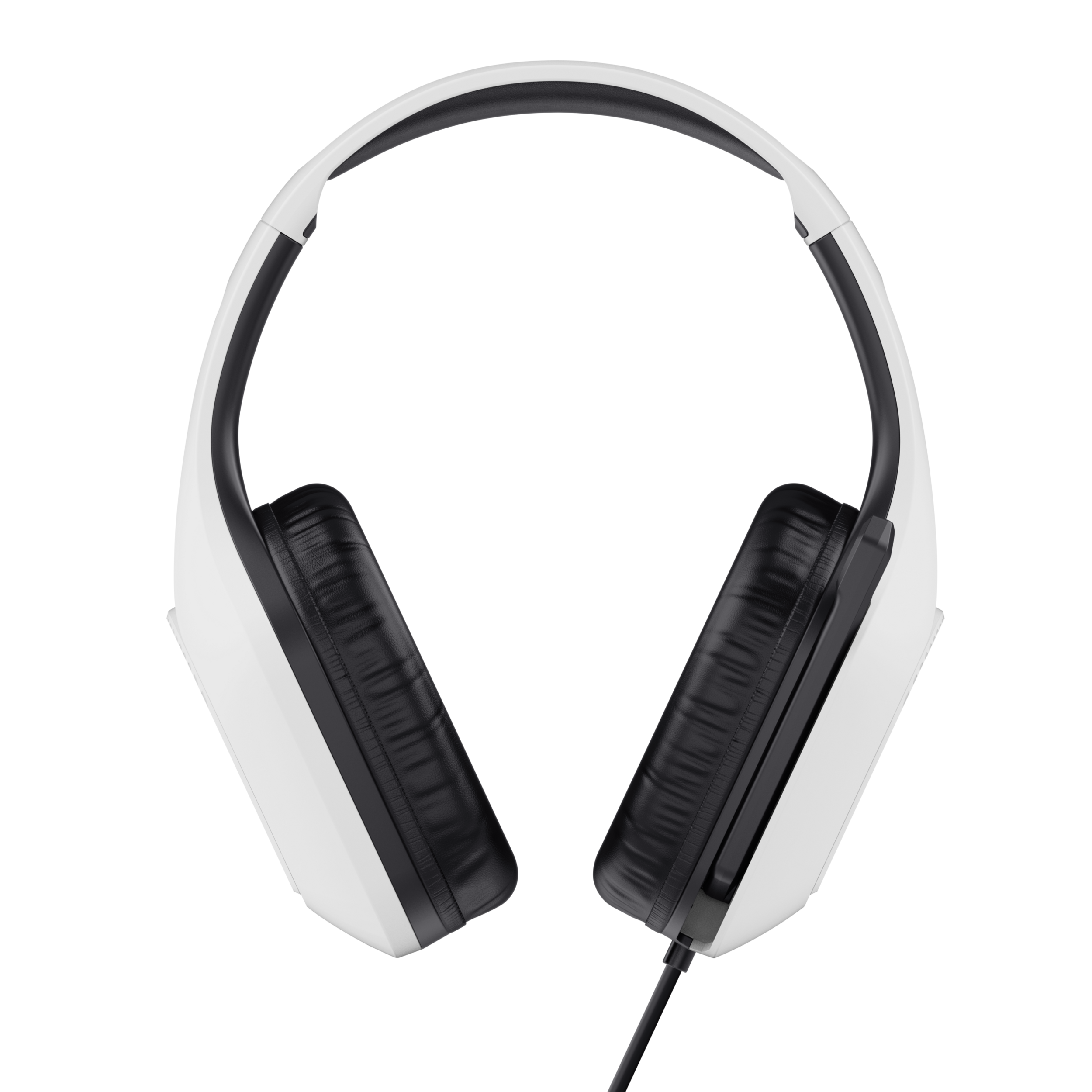 Białe słuchawki z czarnymi nausznikami i czarnym kablem. Słuchawki są umieszczone na czarnym tle.