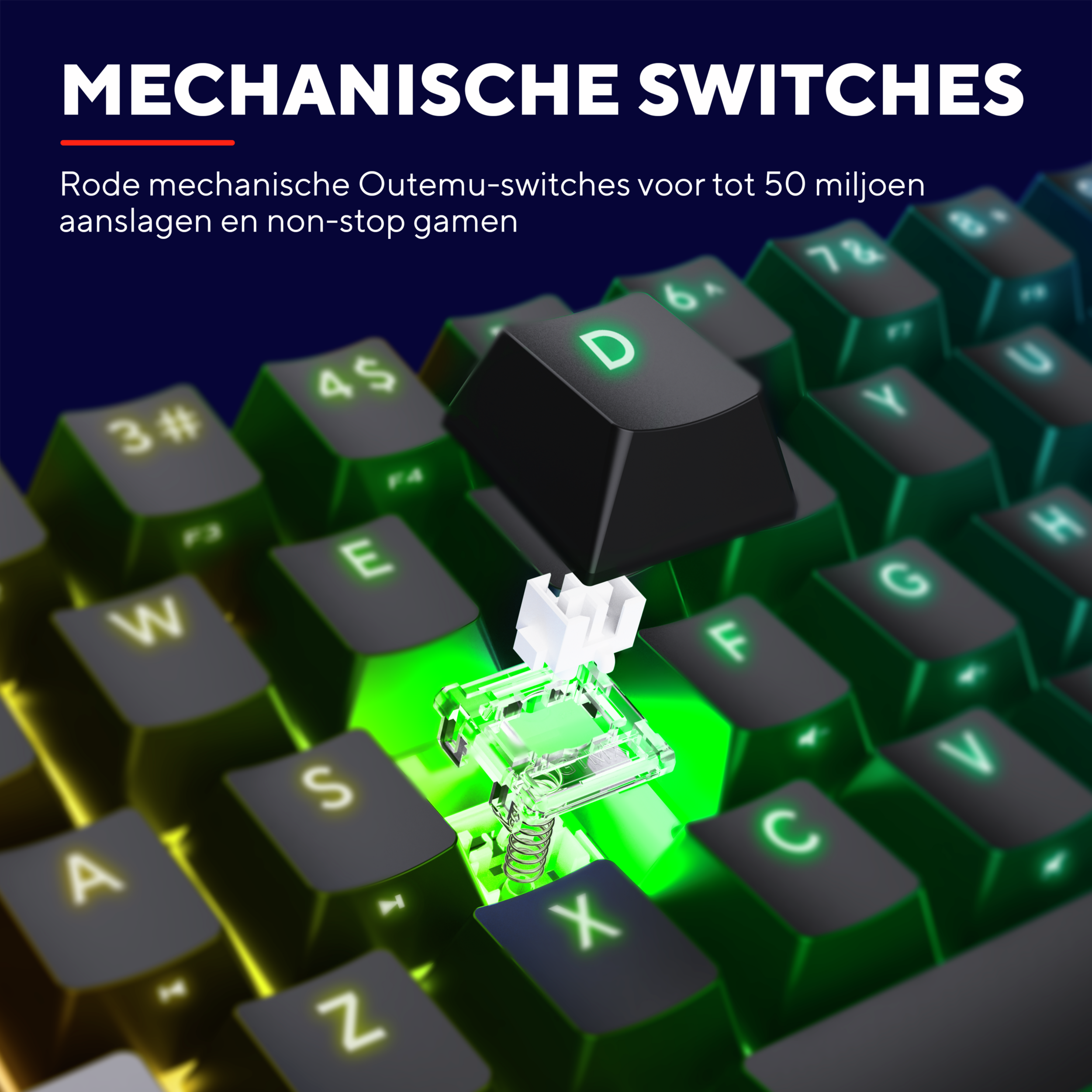 Zbliżenie klawiatury mechanicznej z usuniętym klawiszem, pokazujące przełącznik.