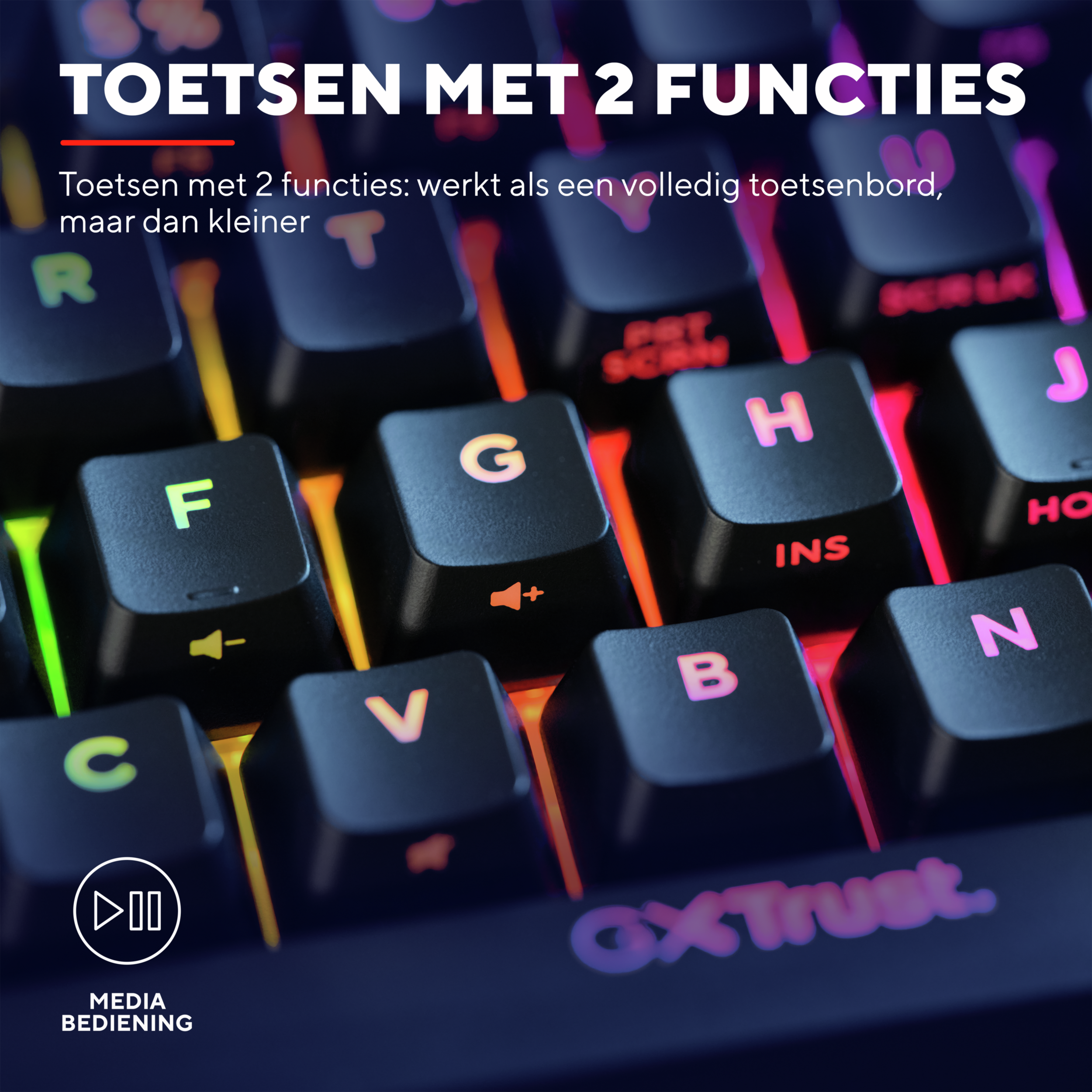 Zbliżenie podświetlanej klawiatury z kolorowymi klawiszami, pokazujące litery i symbole.