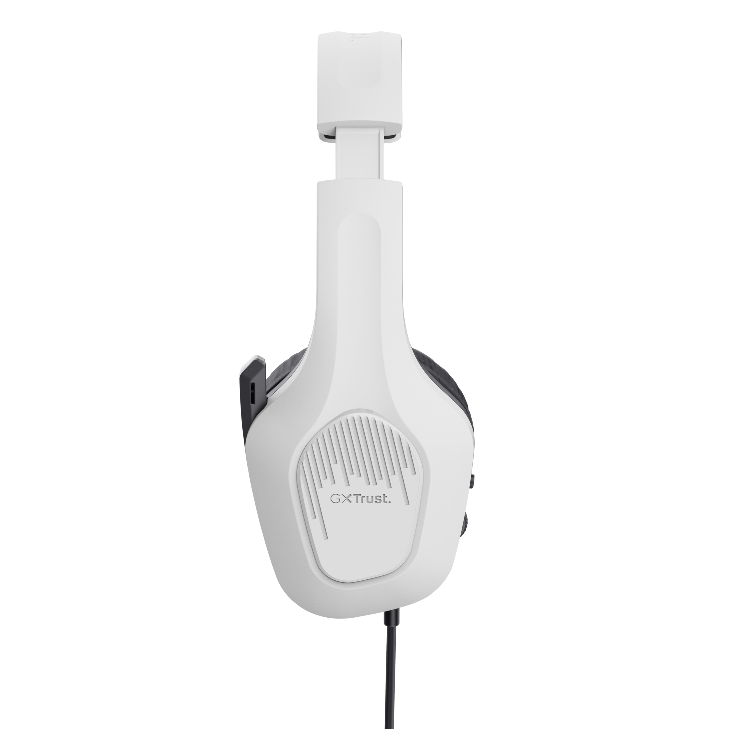 Białe słuchawki z czarnym kablem na czarnym tle.