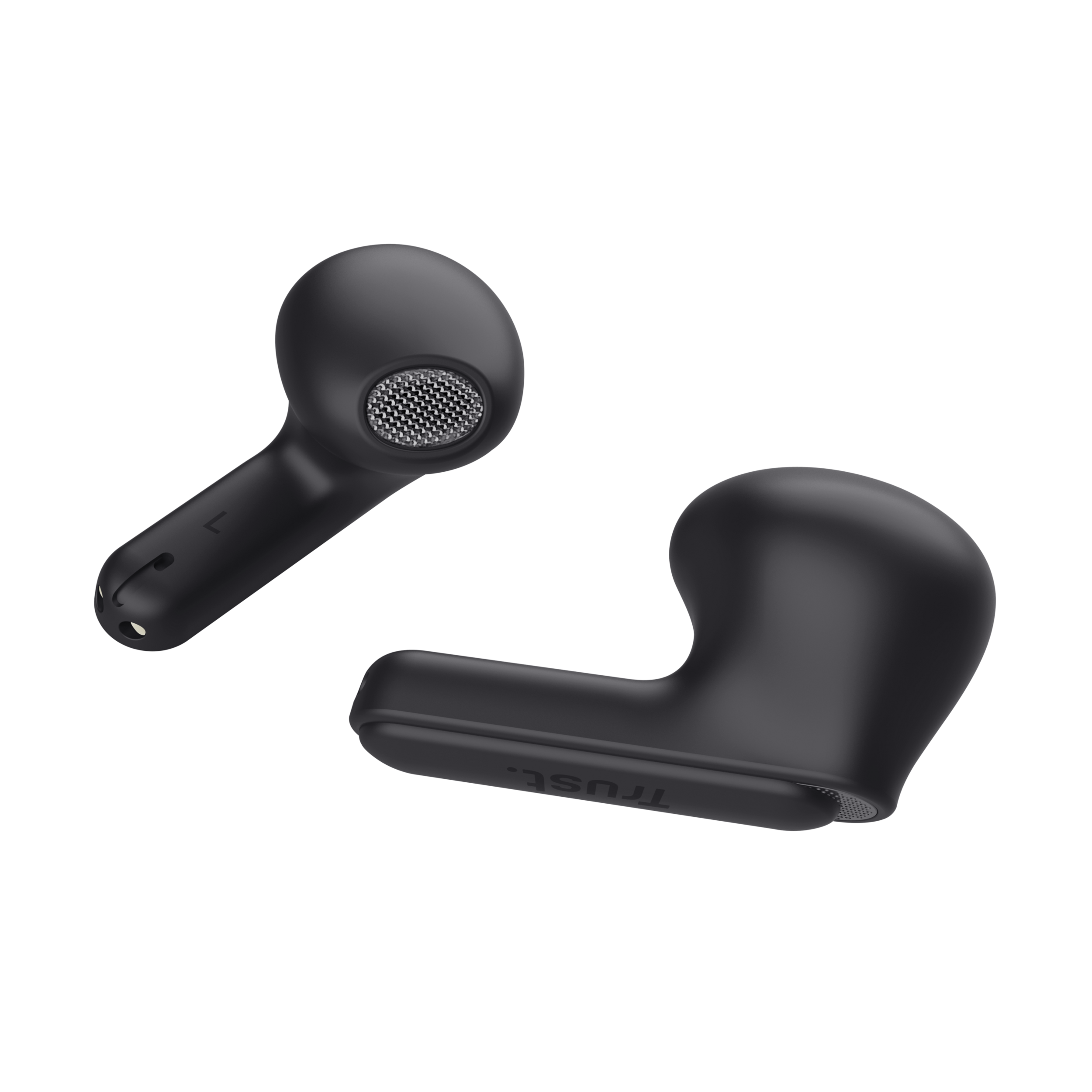 Dwa czarne bezprzewodowe słuchawki douszne. Jeden leży, drugi stoi. Czarne tło.