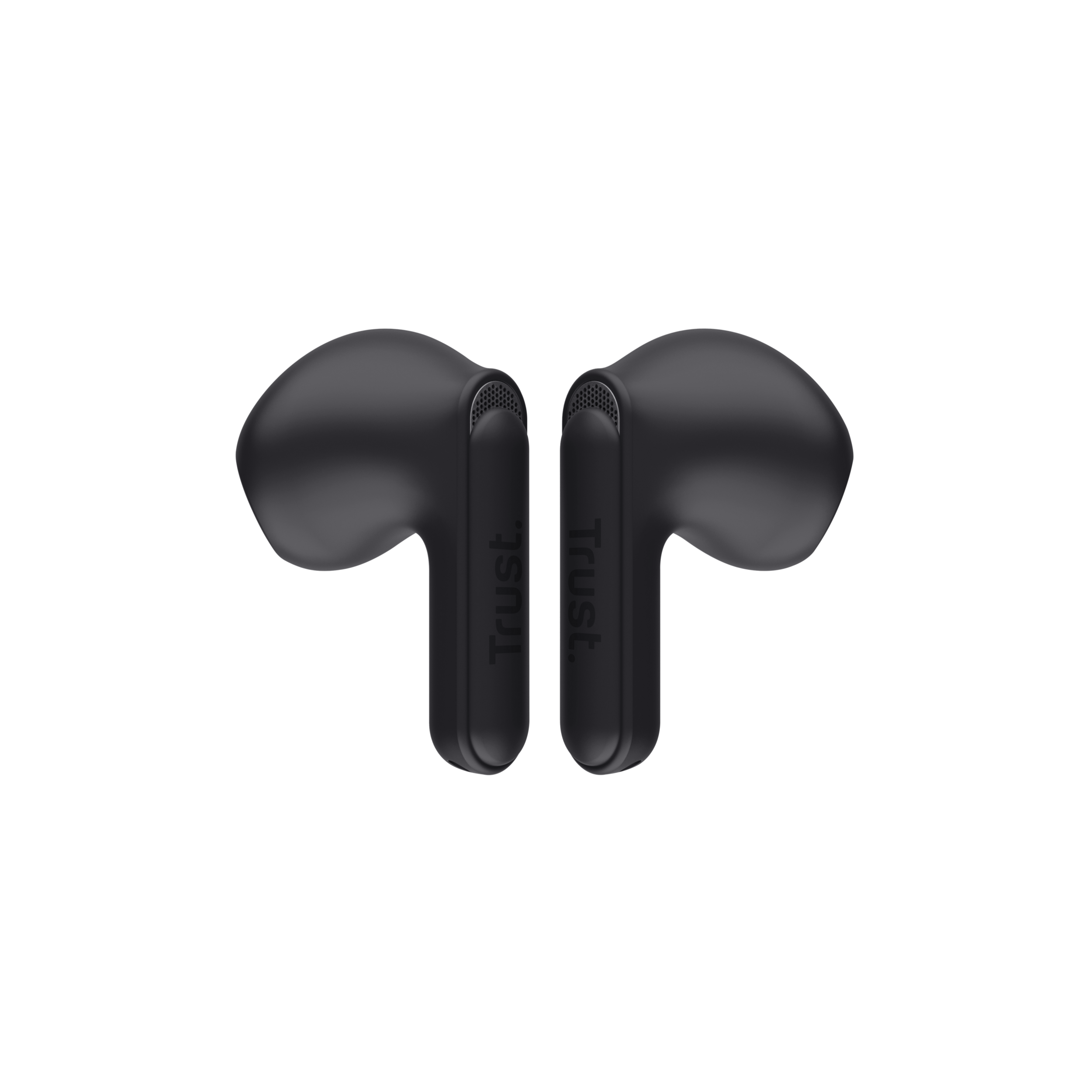 Para czarnych bezprzewodowych słuchawek, z napisem 'Trust' na każdym.