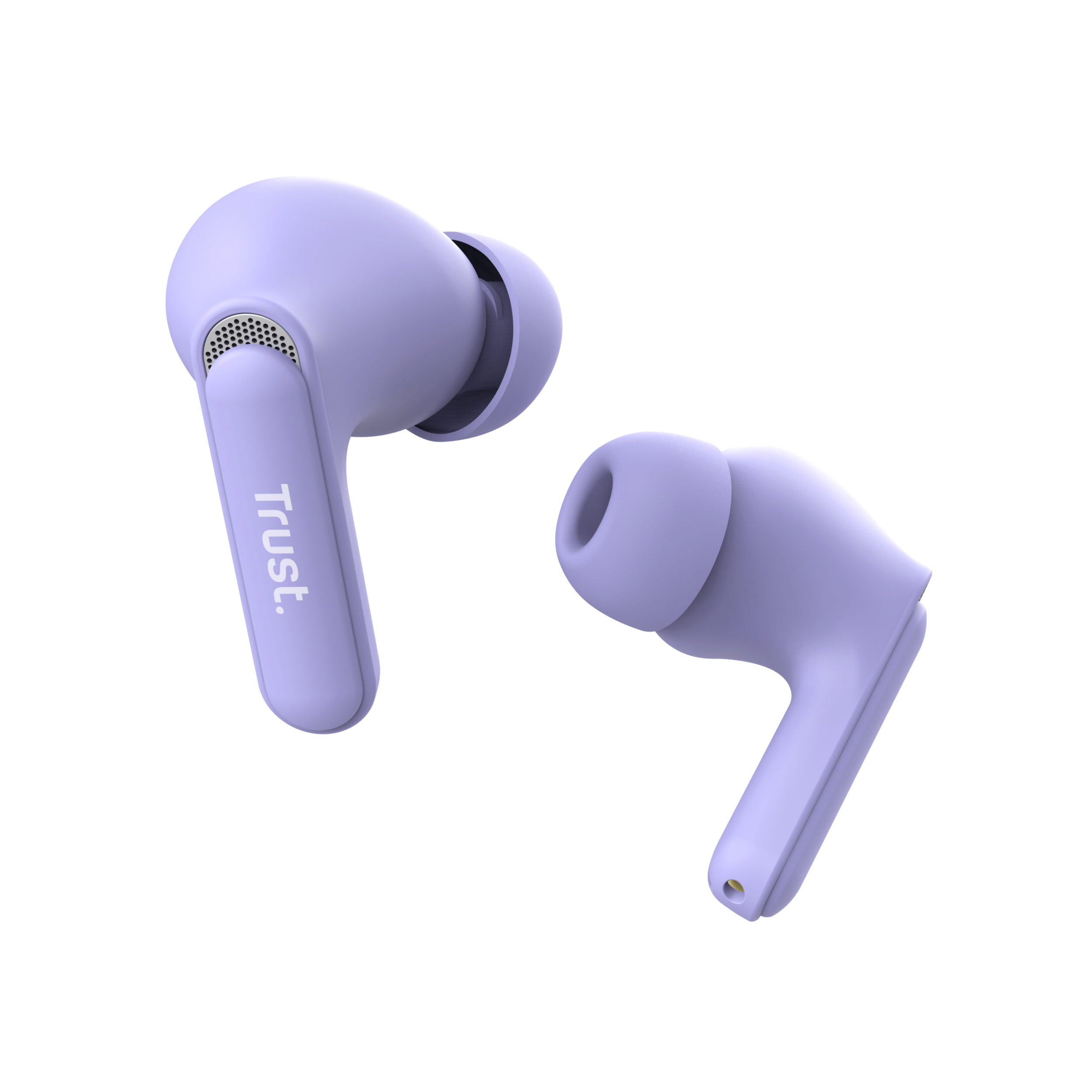 Dwa lawendowe bezprzewodowe słuchawki z logo Trust. z boku, na czarnym tle.