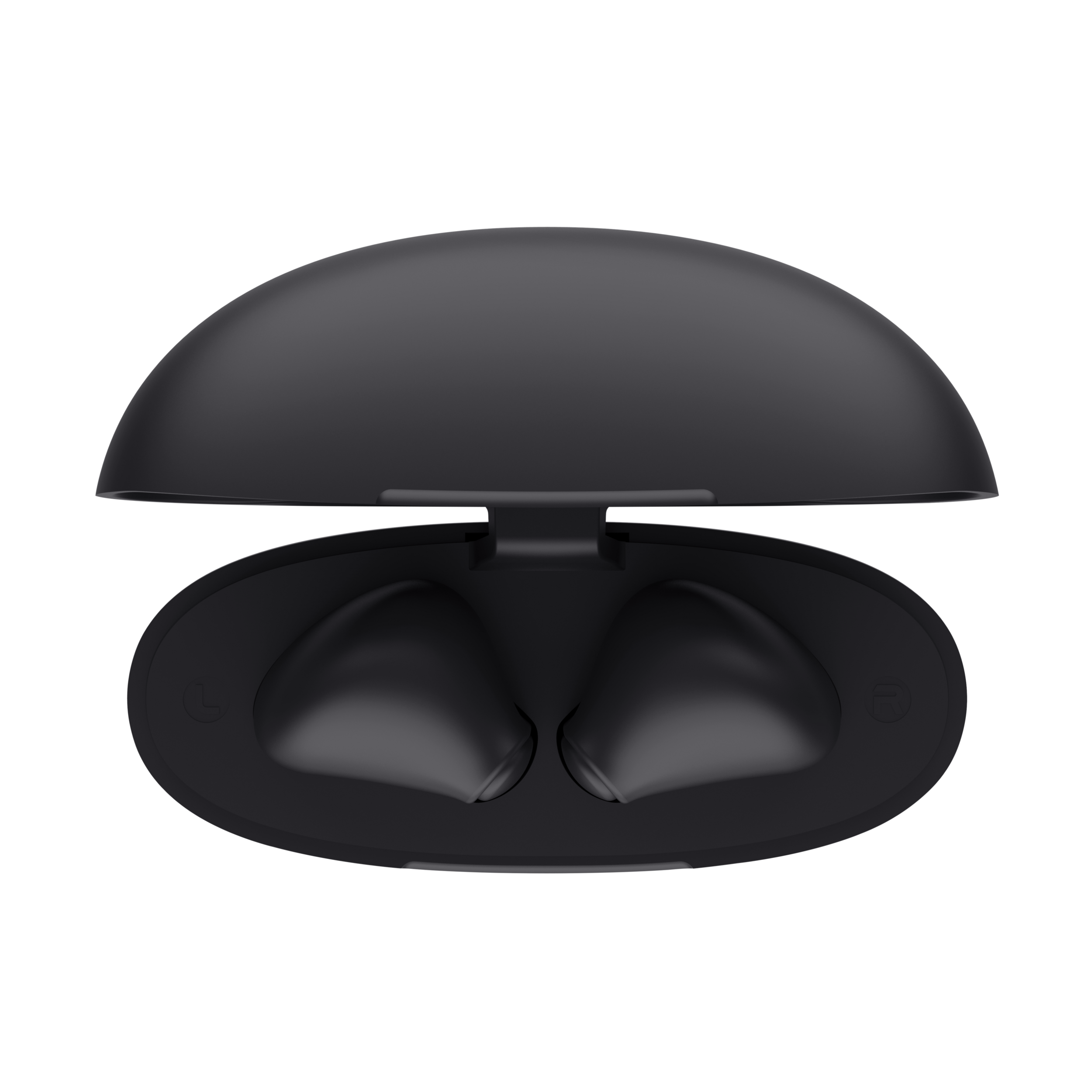 Czarny, owalny futerał na słuchawki, otwarty. Widoczne dwa czarne słuchawki.