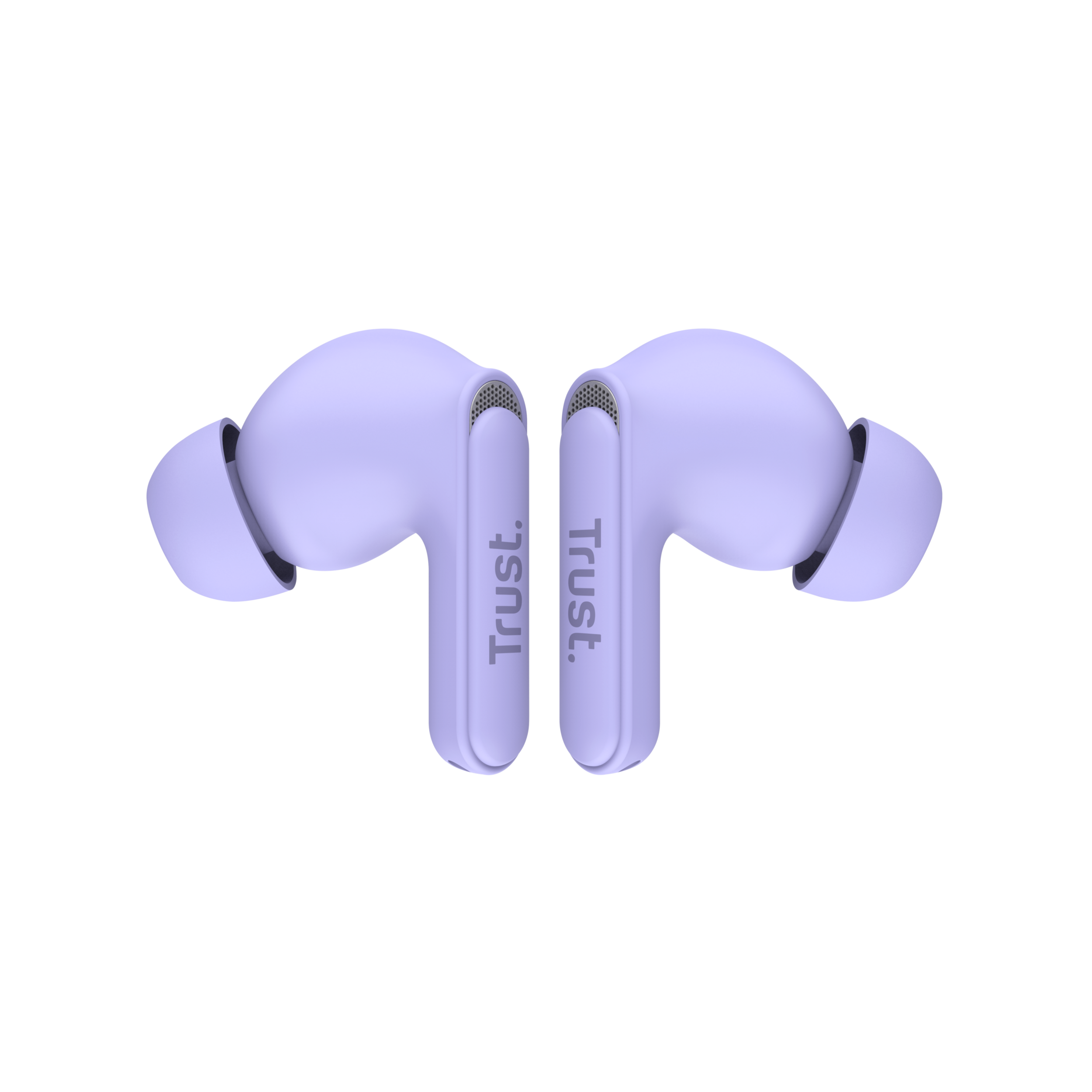 Dwa fioletowe słuchawki, z napisem 'Trust', wyświetlane na czarnym tle.