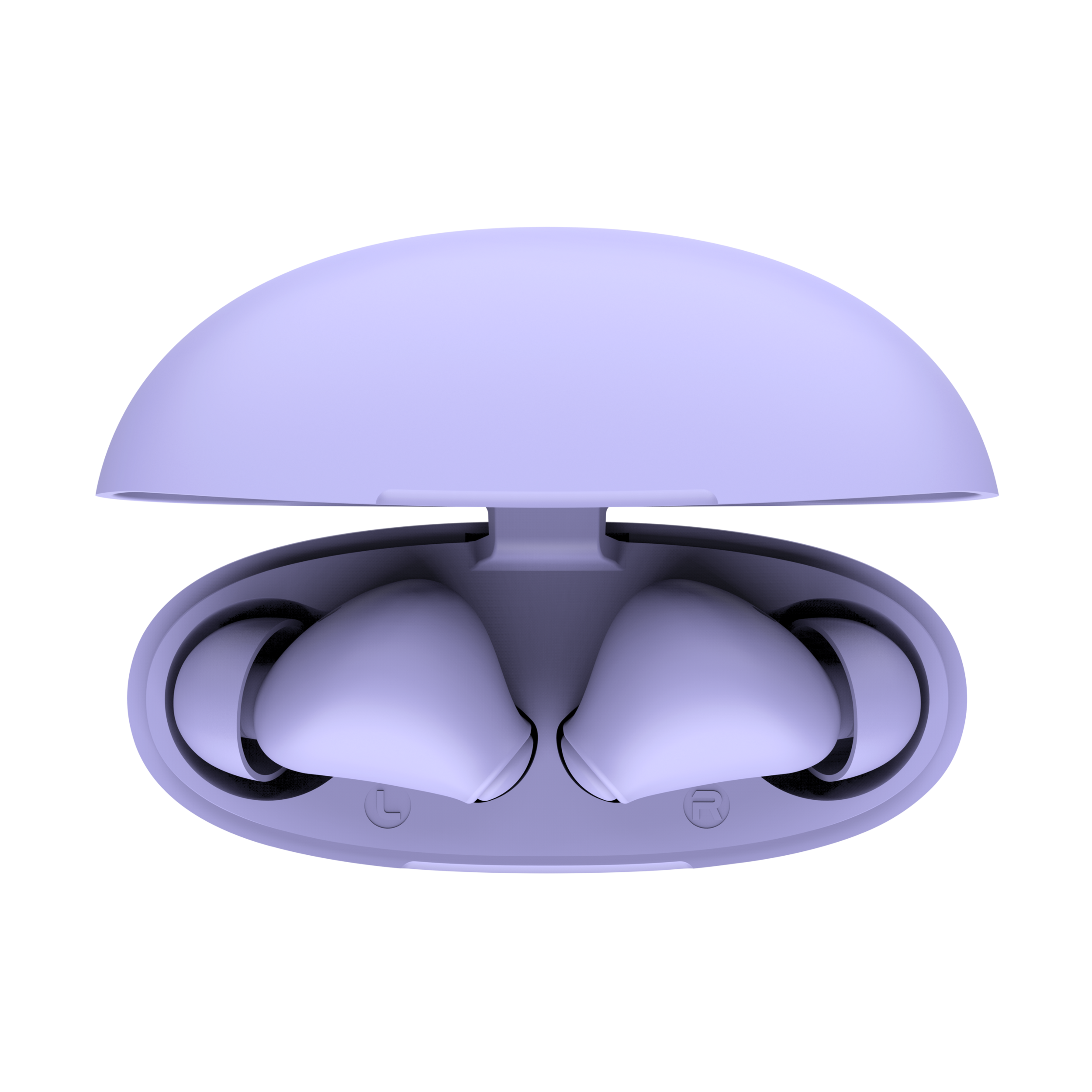 Para jasno fioletowych bezprzewodowych słuchawek dousznych wewnątrz otwartego etui, na czarnym tle.