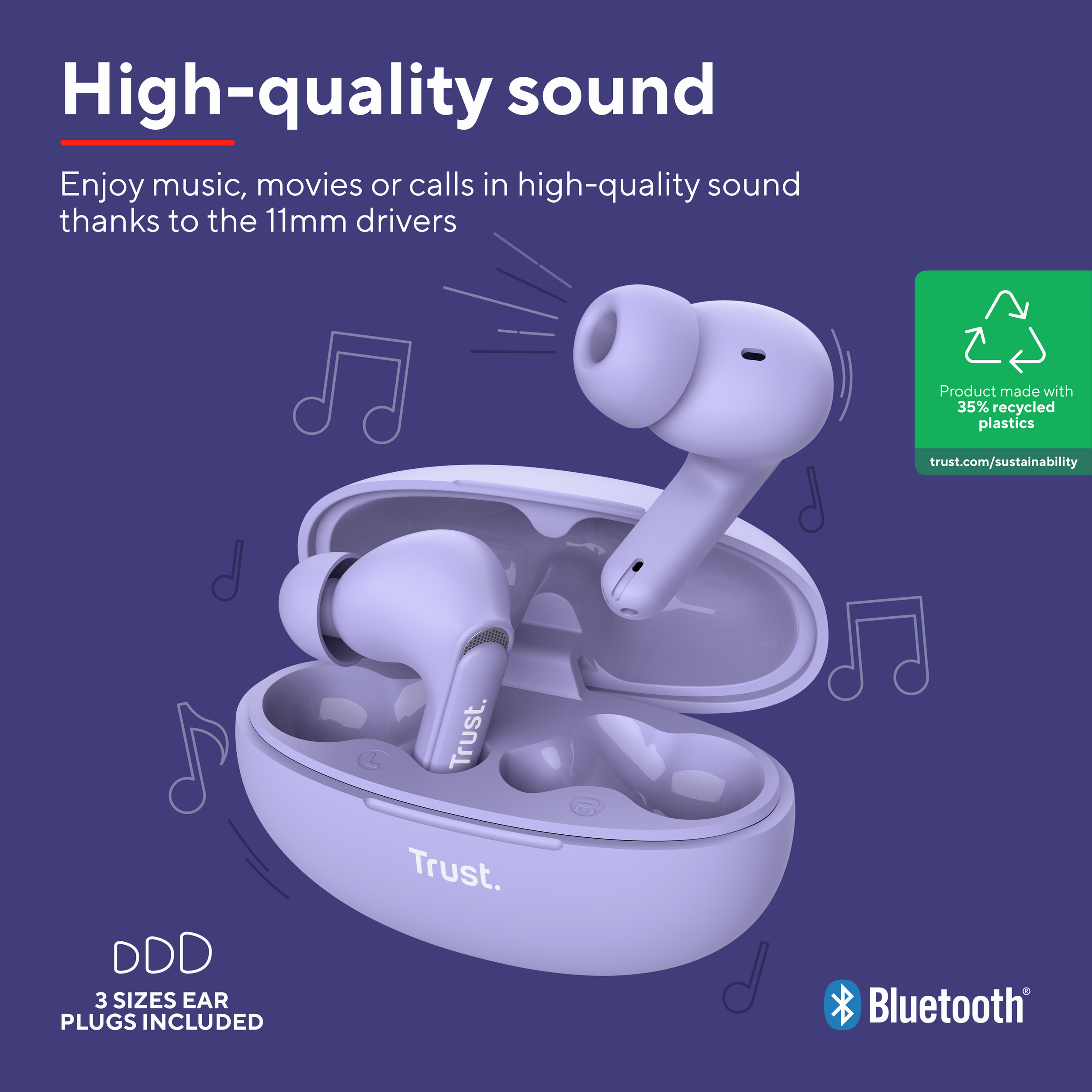 Para bezprzewodowych słuchawek dousznych w etui ładującym. Tekst podkreśla wysoką jakość dźwięku, 3 rozmiary wkładek dousznych i bluetooth.