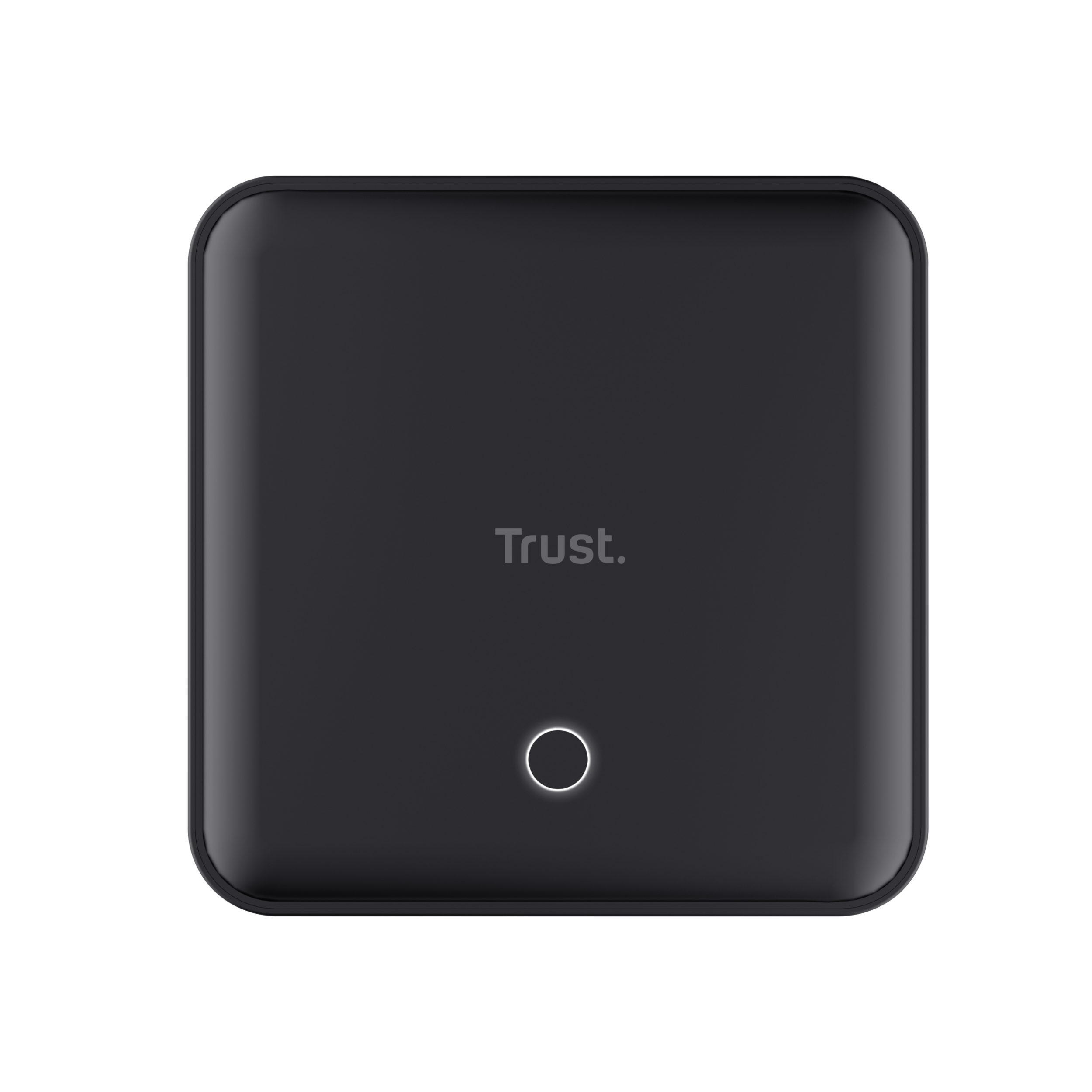 Een zwart vierkant apparaat van het merk Trust met een aan/uit-knop.