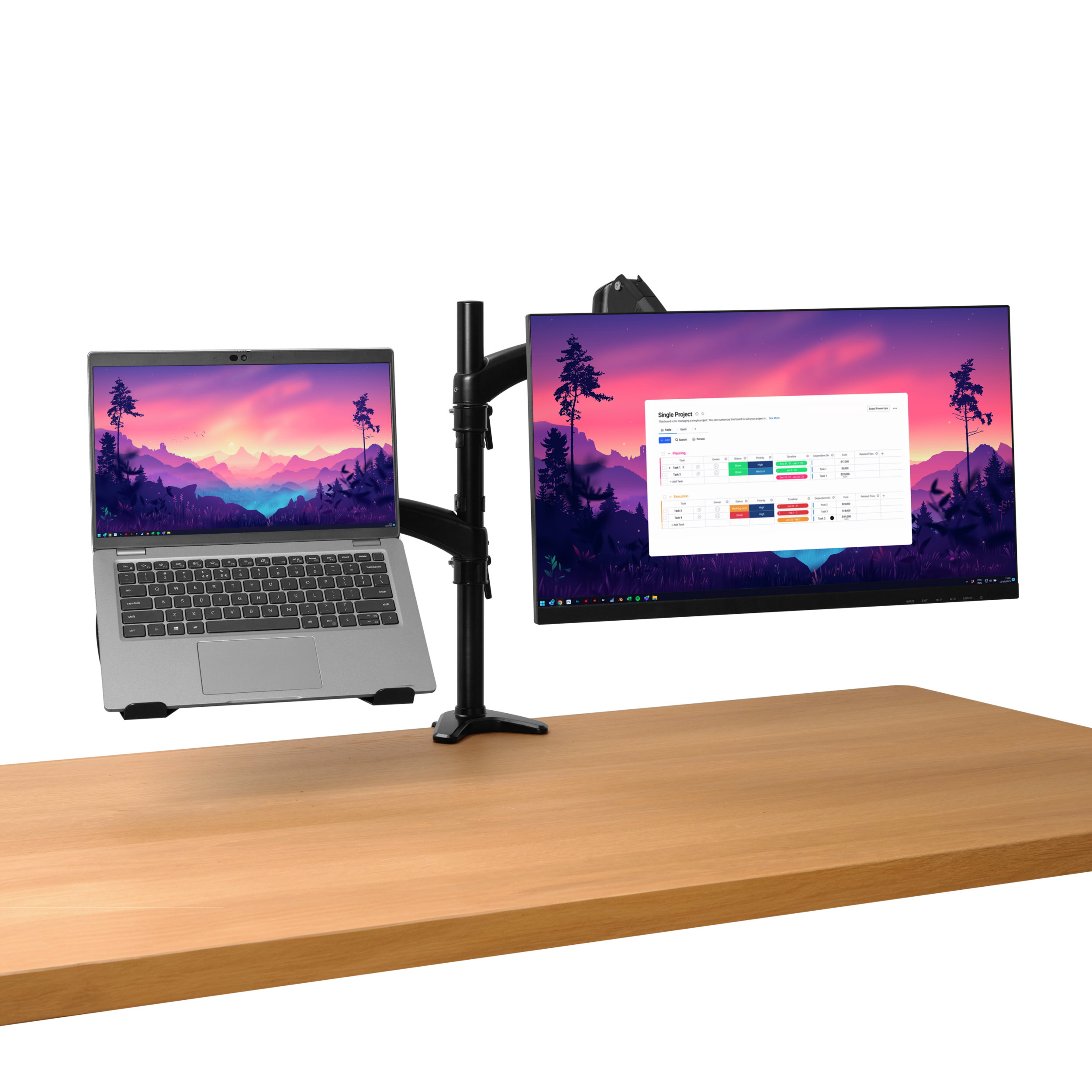 Laptop i monitor na biurku. Monitor wyświetla dane, laptop po lewej.