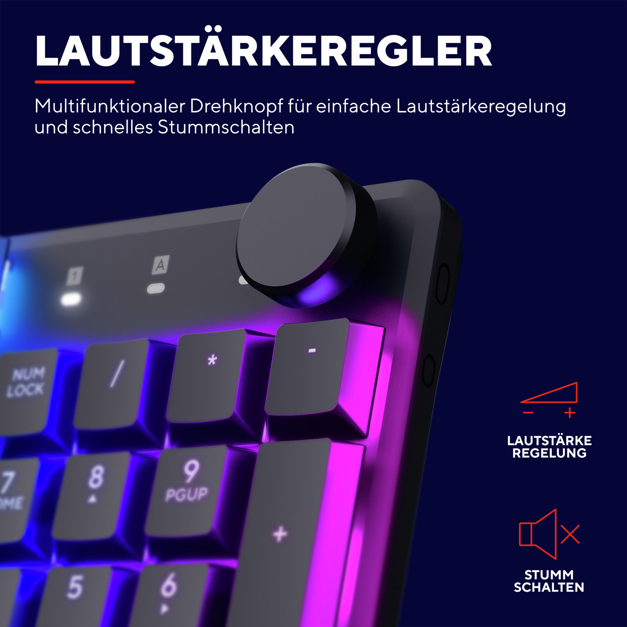 Szczegół klawiatury z pokrętłem głośności, klawiszami i fioletowo-różowym podświetleniem.