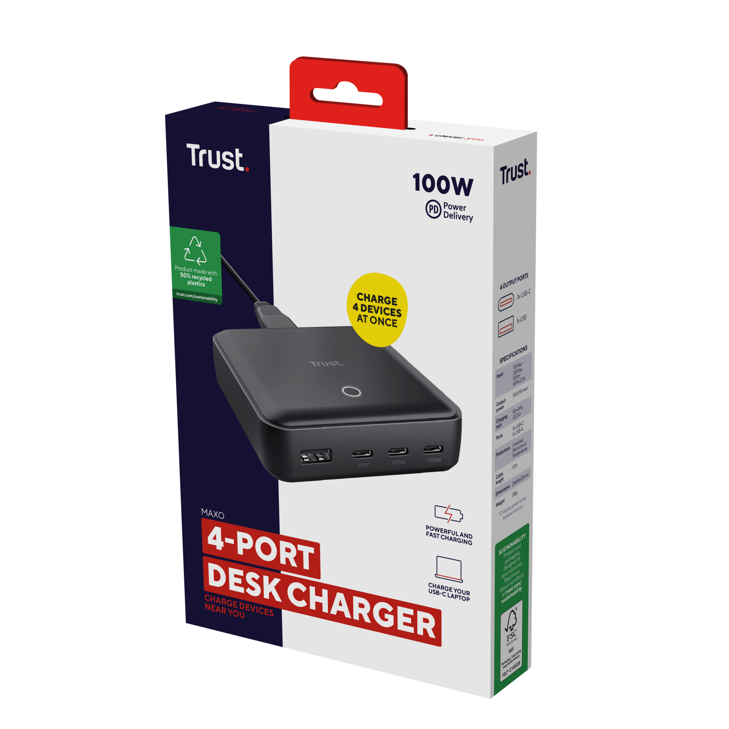 Een zwart-grijze 4-poorts USB-C-oplader met een doos. Tekst luidt: Laad 4 apparaten tegelijk op.