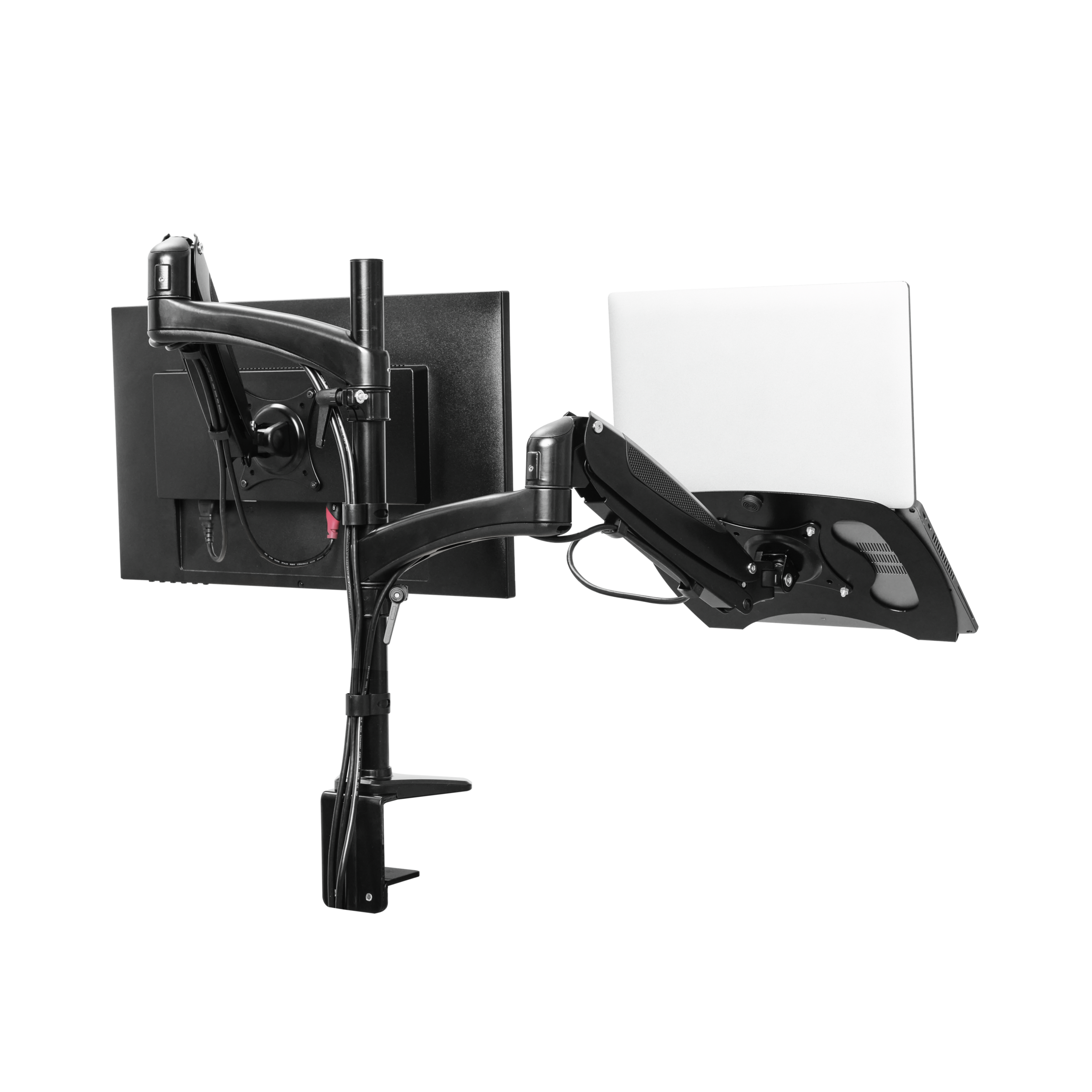 Uchwyt na laptopa i monitor na czarnym tle. Monitor i laptop są czarne.