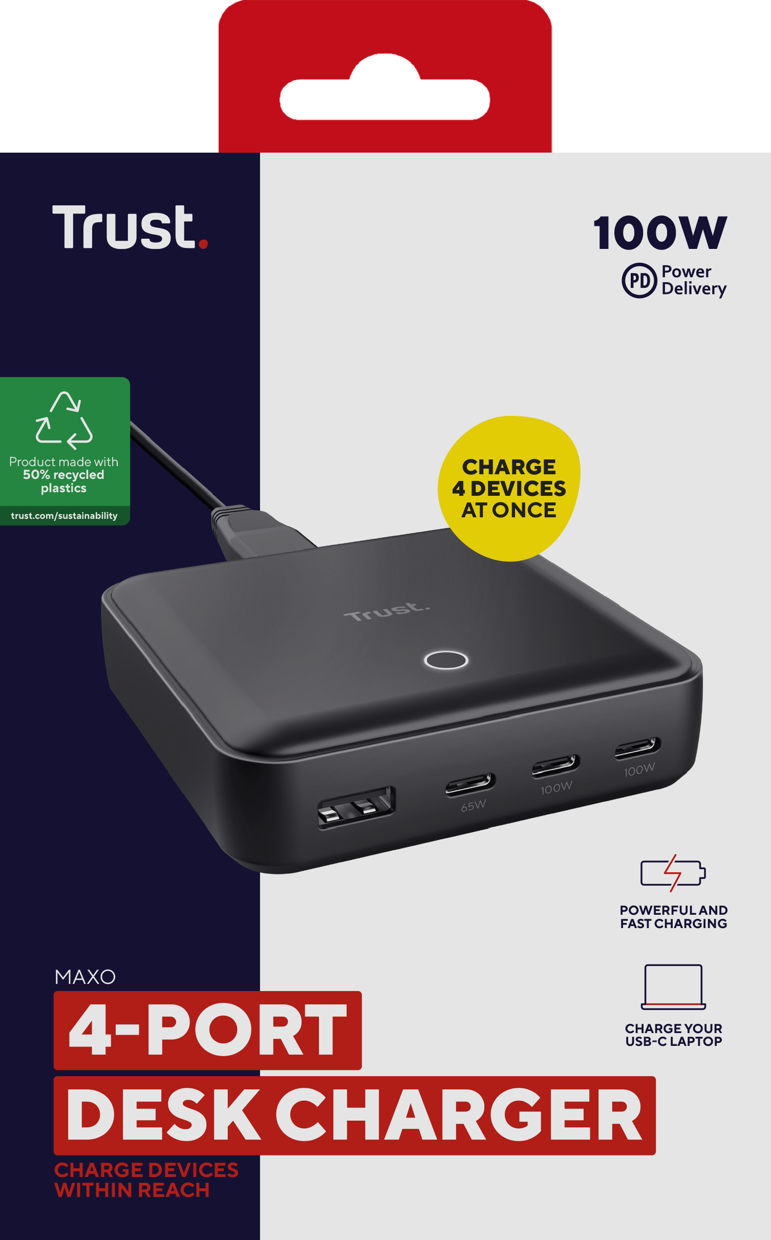 Zwarte bureaulader met 4 poorten, productdoos en tekst: 4-Port Desk Charger.