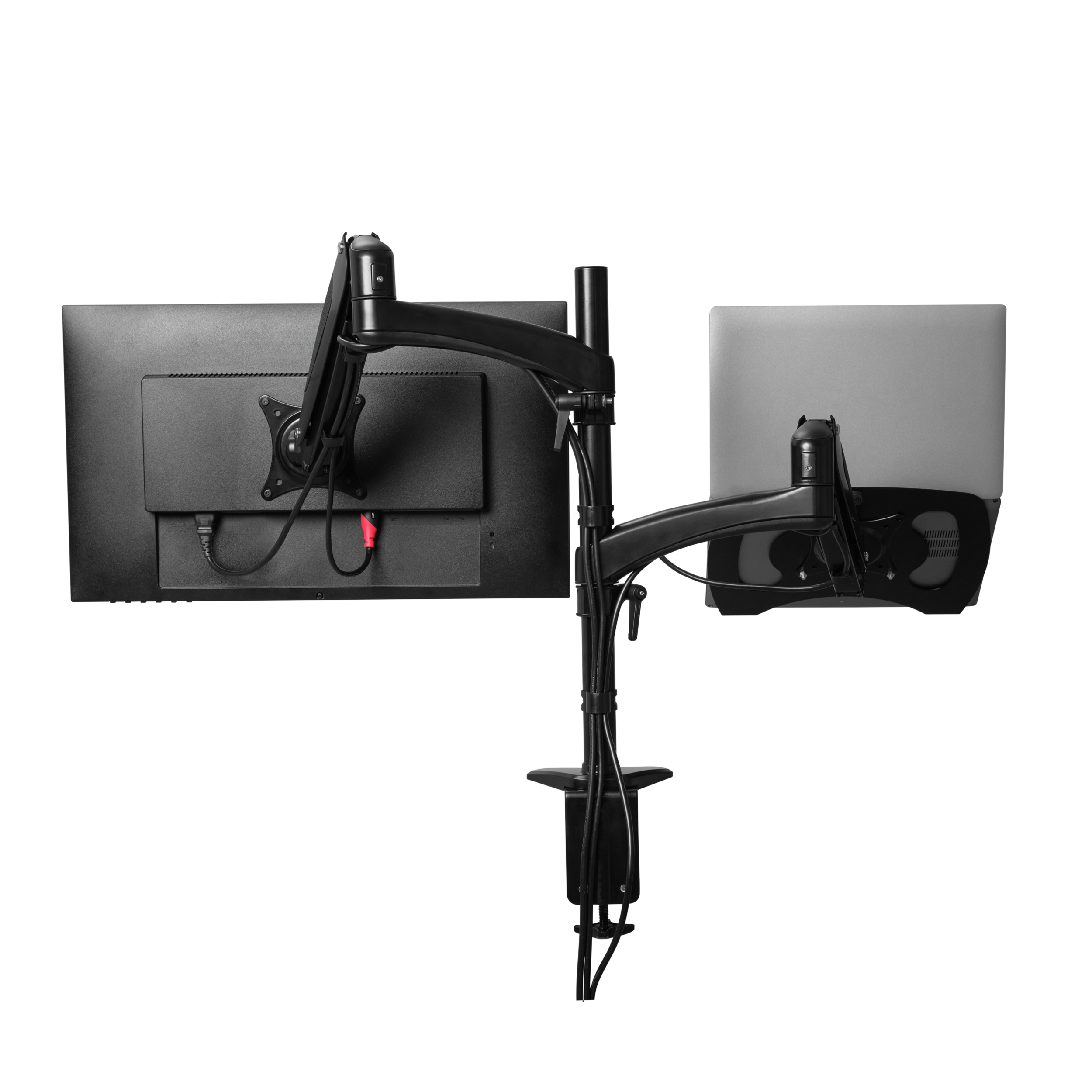 Konfiguracja z dwoma monitorami z czarnymi ramionami i kablami na czarnym tle.