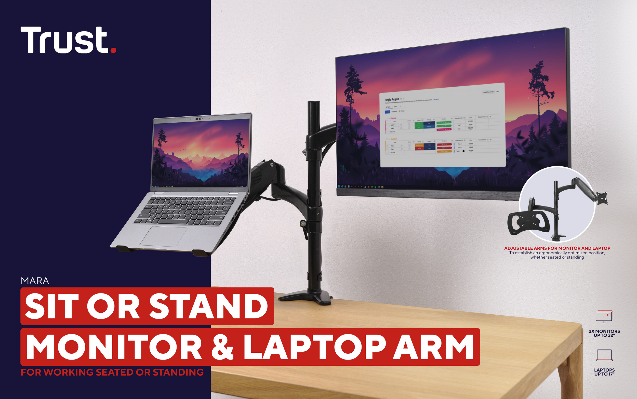 Ustawienie ramienia monitora i laptopa na drewnianym biurku. Wyświetlacz pokazuje stronę internetową. Czarne ramię.