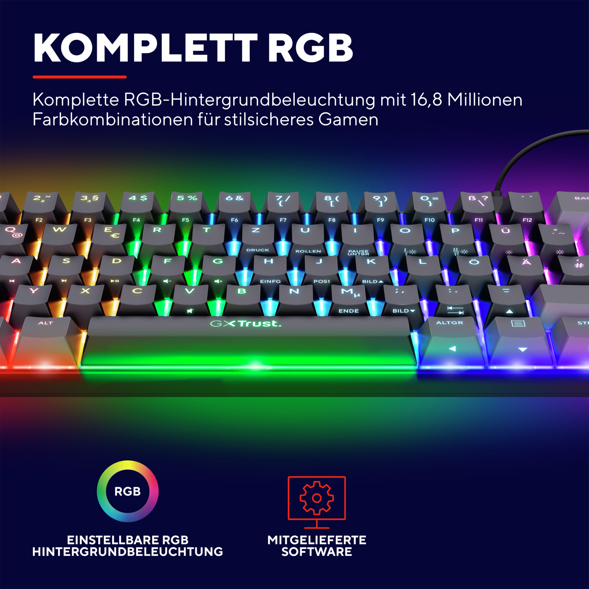 Podświetlana klawiatura w różnych kolorach. Tekst brzmi