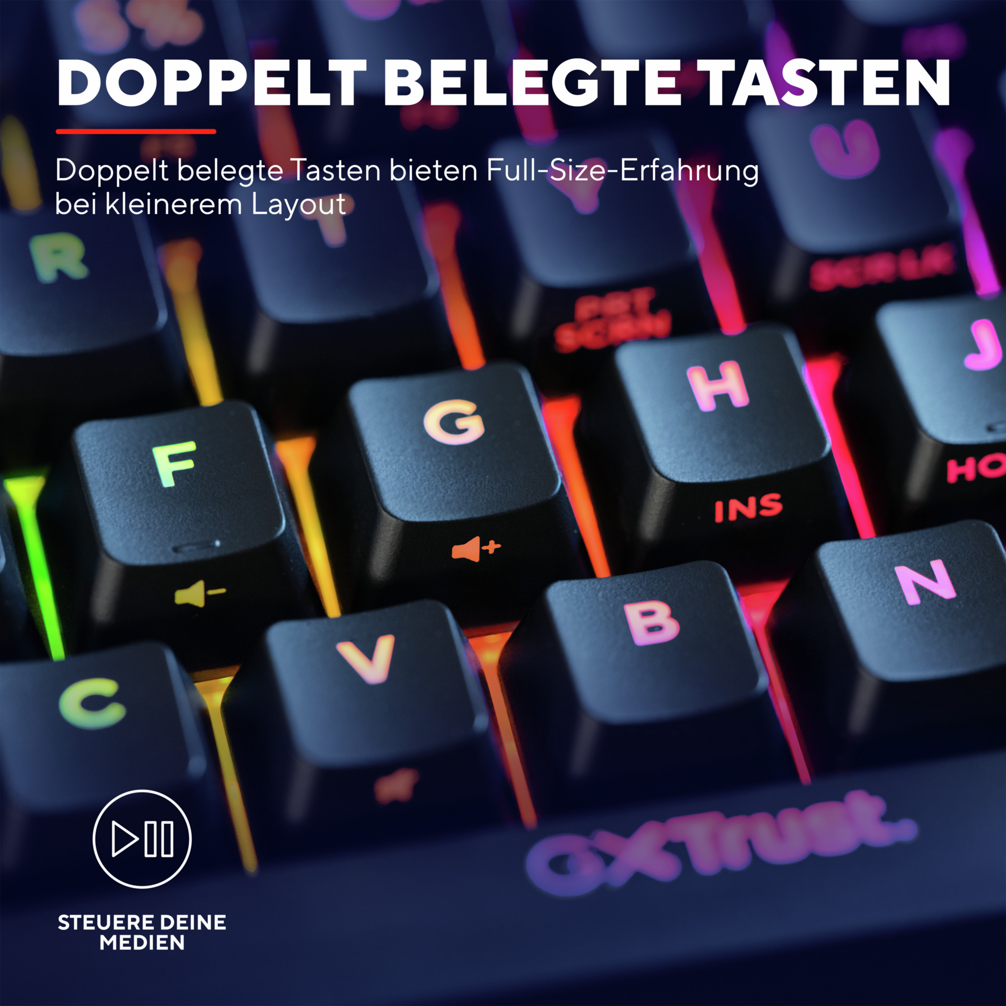 Zbliżenie klawiatury. Klawisze są czarne z kolorowym podświetleniem. Widoczne jest słowo GXTtrust.