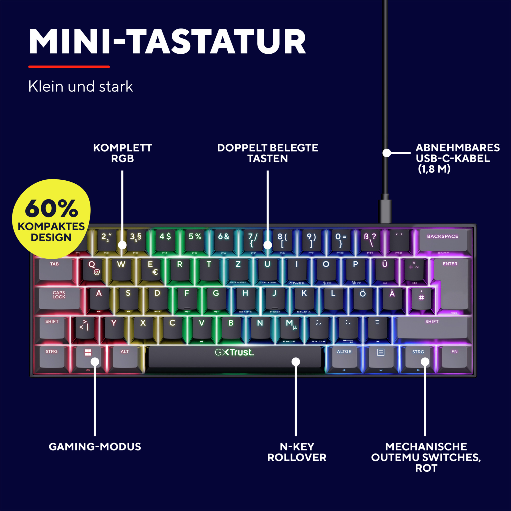 Kompaktowa klawiatura z kolorowymi klawiszami i czarnym korpusem. Tekst na górze mówi 'Mini-Tastatur'.